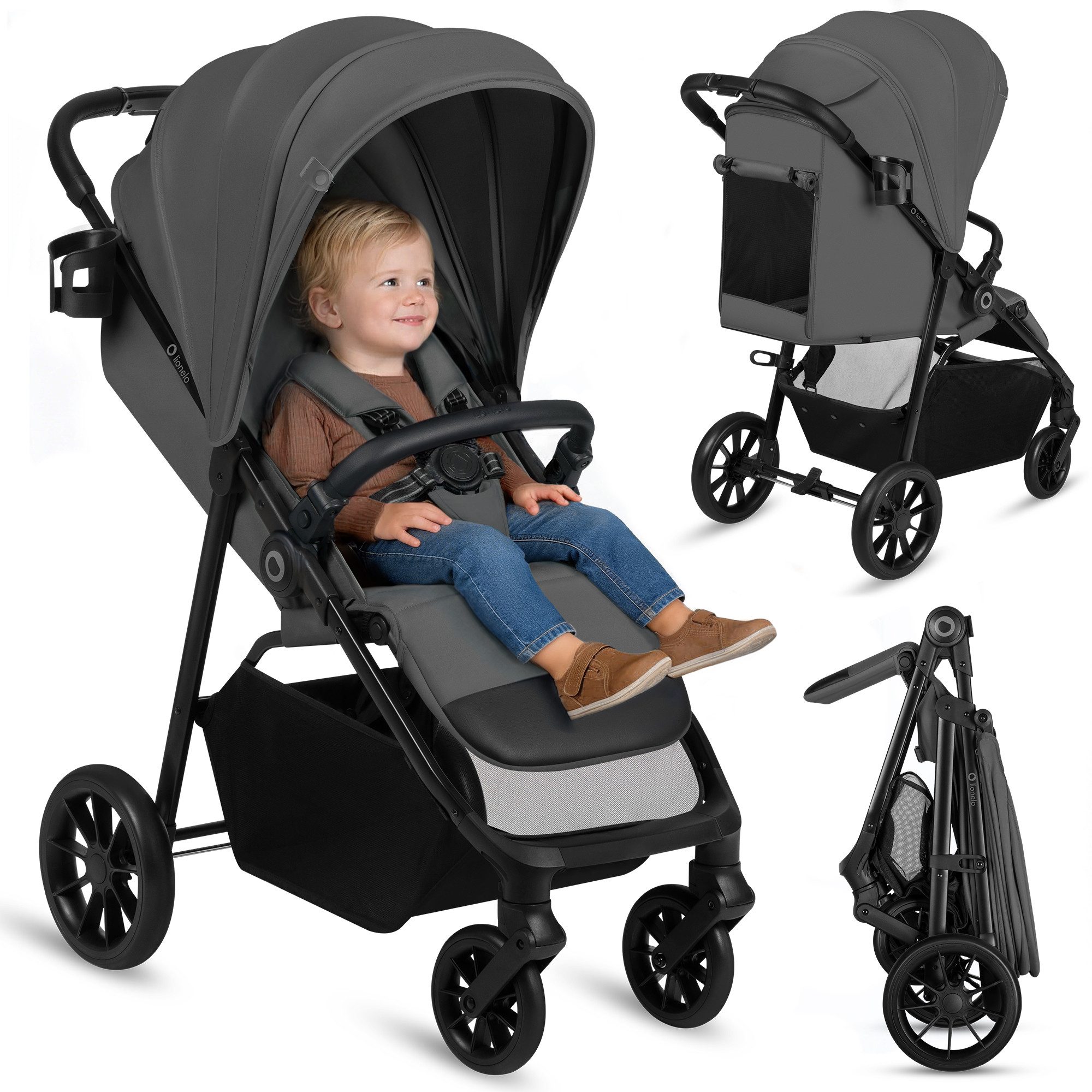 lionelo Kinder-Buggy EMERALD, (Set), XXL Verdeck UPF50+/EVA kugelgel./Federung v+h/Einhand-Falten