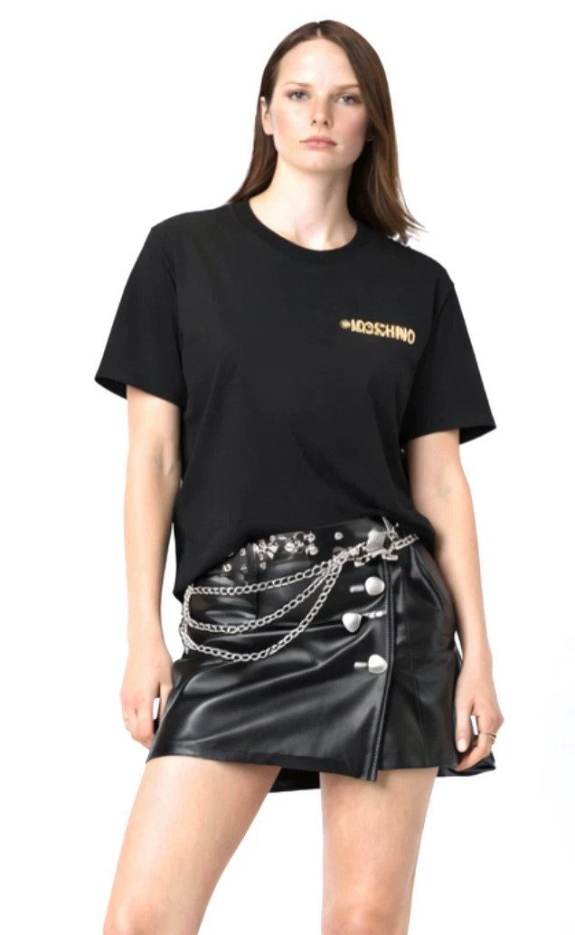 Moschino T-Shirt COUTURE Damen Metal Gold Logo Regular Fit Goldene Metall-Logo-Applikation auf der Brust