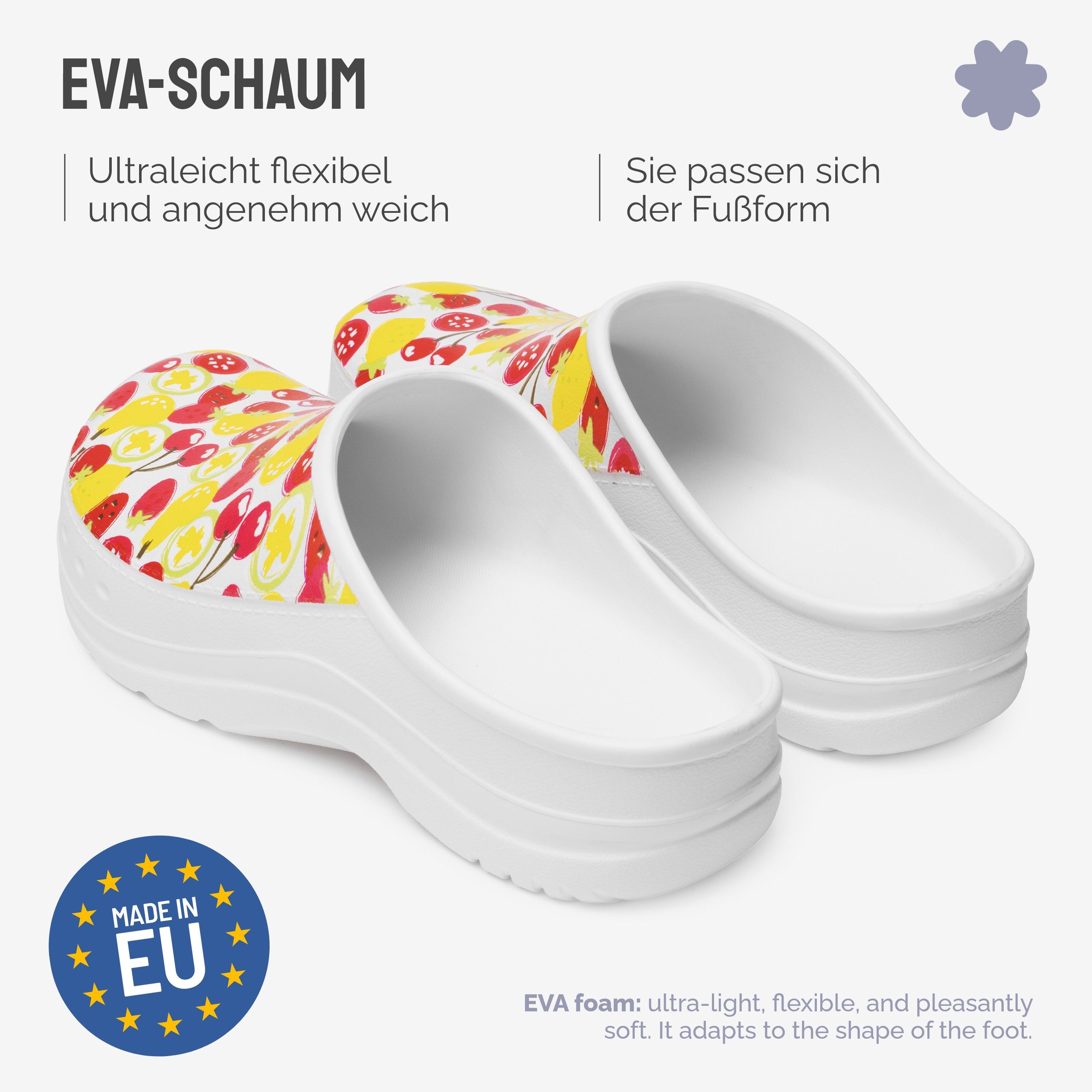 Ladeheid Gartenclogs für Damen Ultraleicht EVA Gemustert Gartenschuhe LA-CA-27 Clog (40 EU, Weiß/Fruchtmotiv1) Wasserdicht & Flexibel