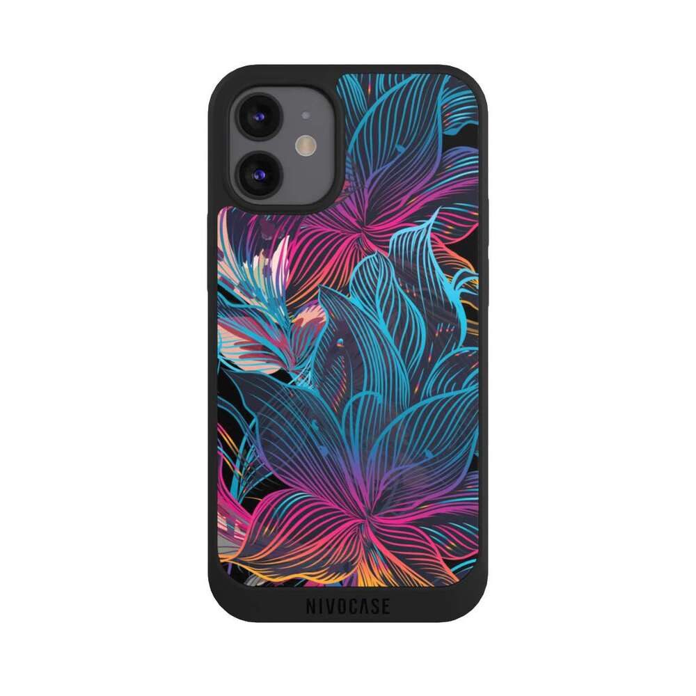 NIVOCASE Handyhülle Neon Blumen bunt Neon Flower Power, Apple iPhone 12 mini Handyhülle Hülle NIVOpure Case Schwarz