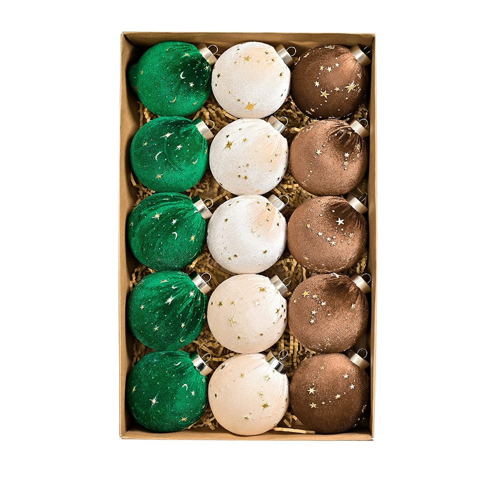 CLTYQ Weihnachtsbaumkugel Weihnachtskugeln 15 Stücke Weihnachtskugeln Samt Set,8 cm, bruchsichere, mehrfarbig in Braun,Grün und neutralem Beige