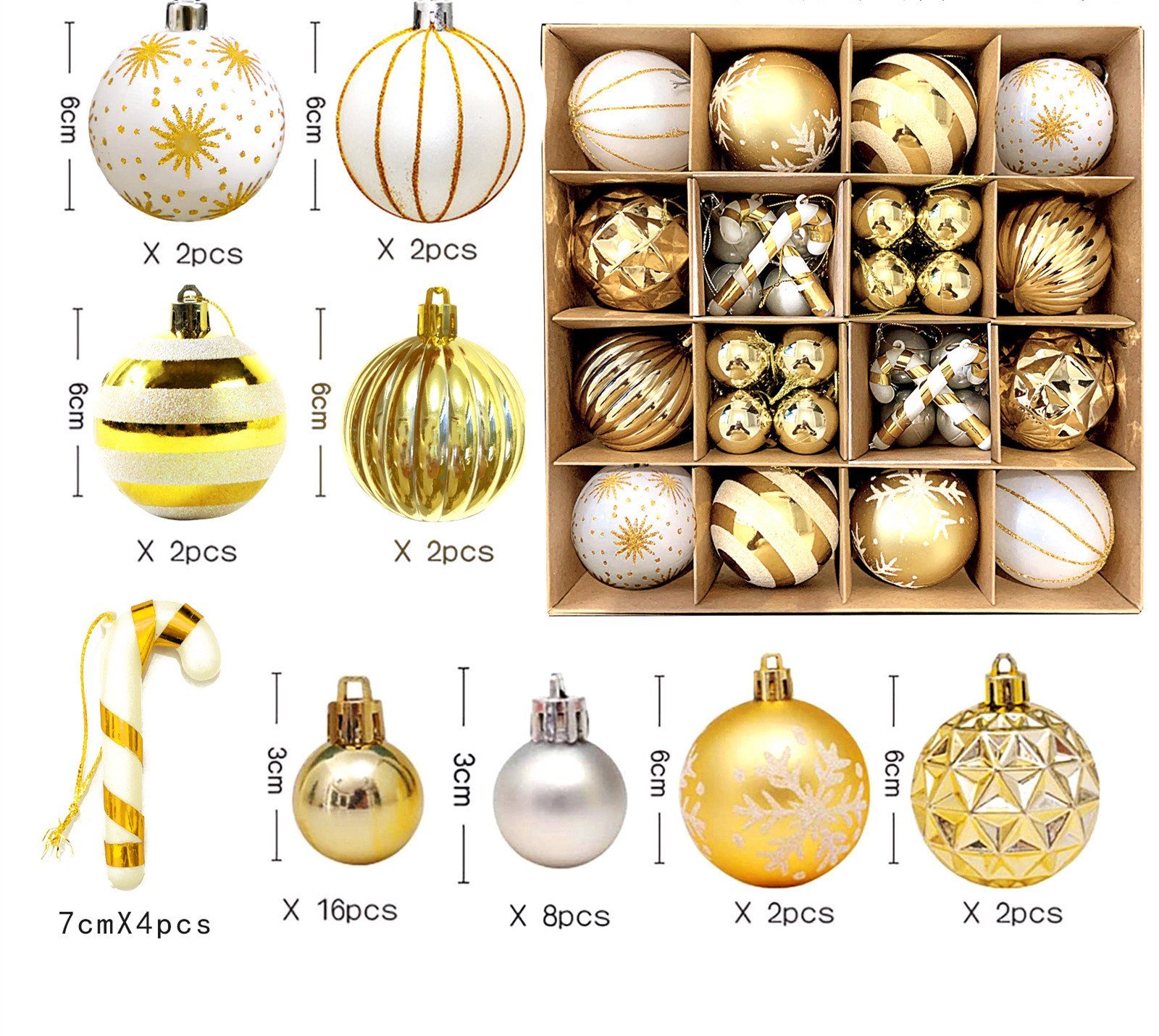 XDeer Weihnachtsbaumkugel Weihnachtskugeln Set, Christbaumkugeln Deko Weihnachten, Weihnachtsbaumschmuck,Weihnachtsbaumkugeln white+gold