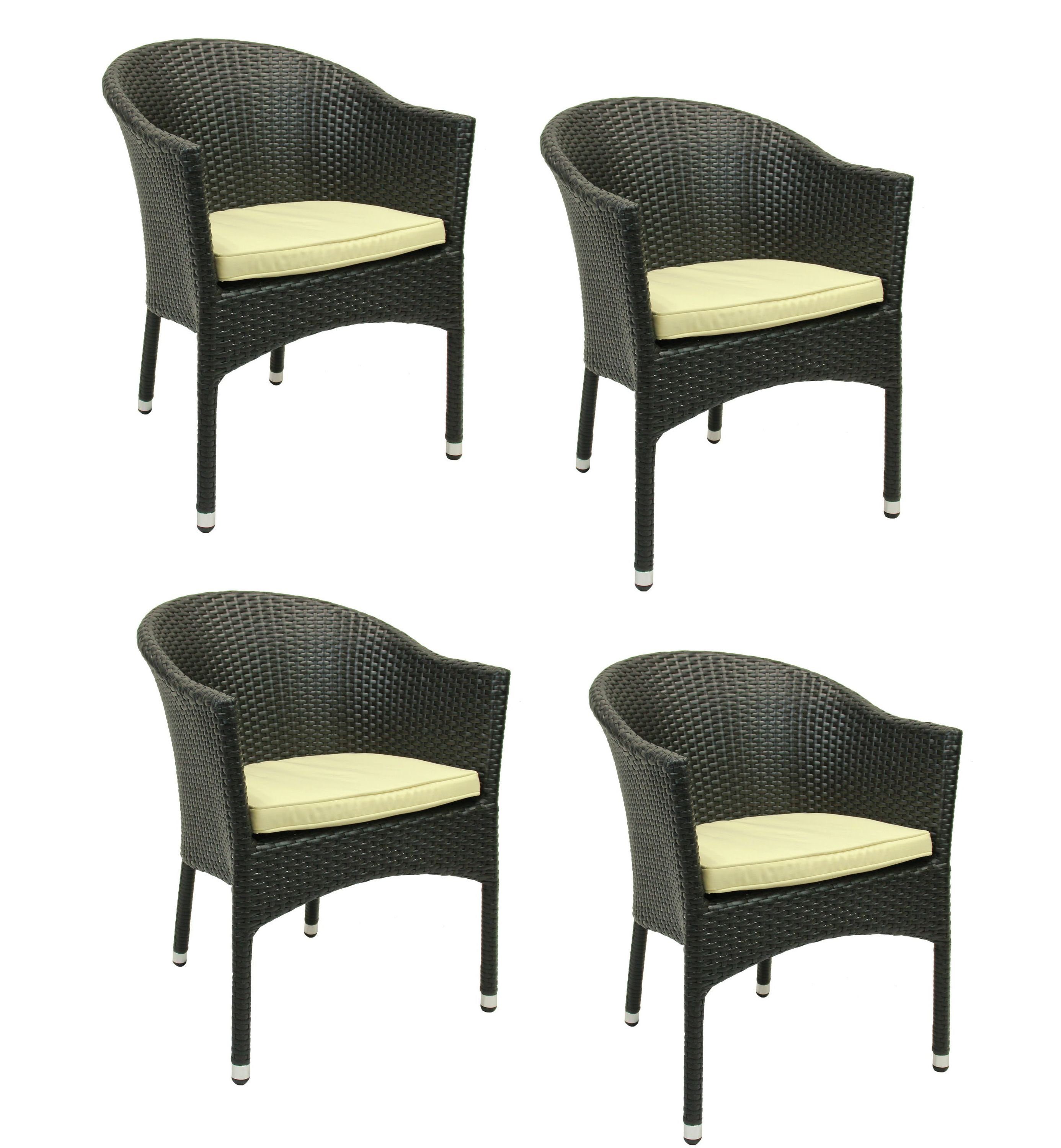 Konway Stapelstuhl LUGANO (4 St), 4x KONWAY® LUGANO Stapelsessel Schwarz Kissen Polyrattan Sessel Stühle
