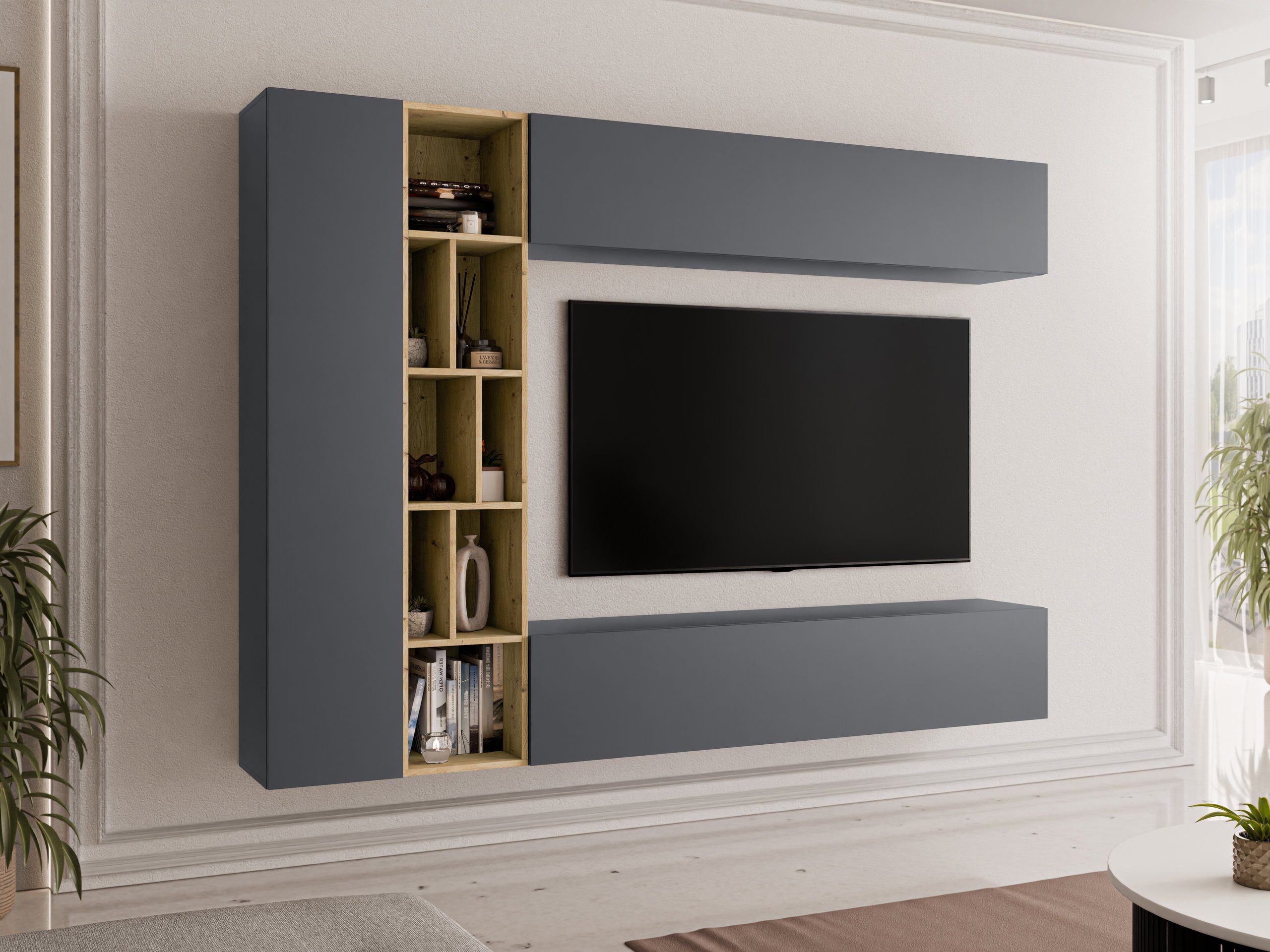 MIRJAN24 Wohnwand Kodita, (Komplett-Set, 3x Hängeschrank, Regal), 224x33x160 cm
