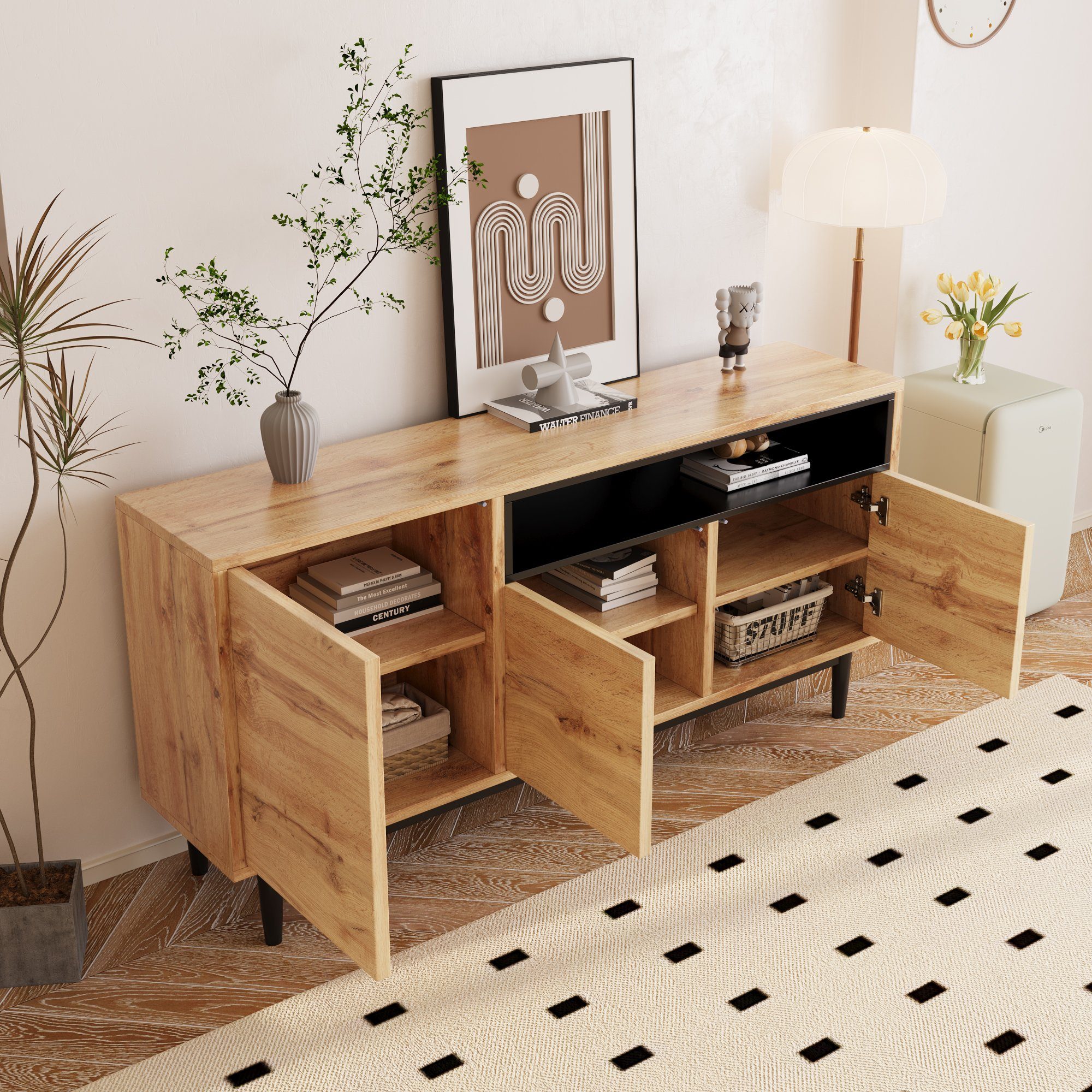 Merax Sideboard im Landhausstil mit Metallfüße, Anrichte aus Holz mit verstellbaren Einlegböden,Kommode,B:160cm