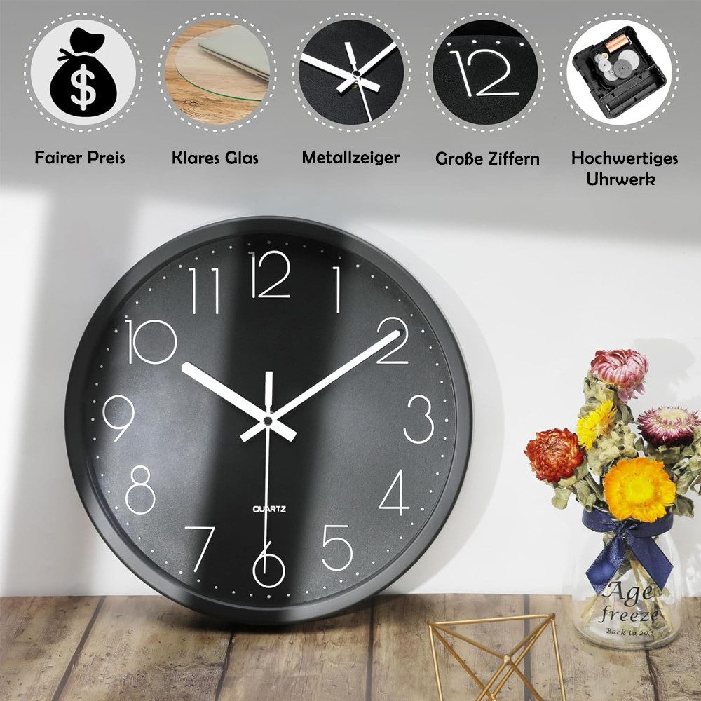 TUWENA Uhr 30cm Wanduhr Lautlos, 3D Ziffern Wanduhr, Modern Wand Uhr Analog (Leise Wall Clock Deko für Wohnzimmer Küche Büro Schule Kinderzimmer)