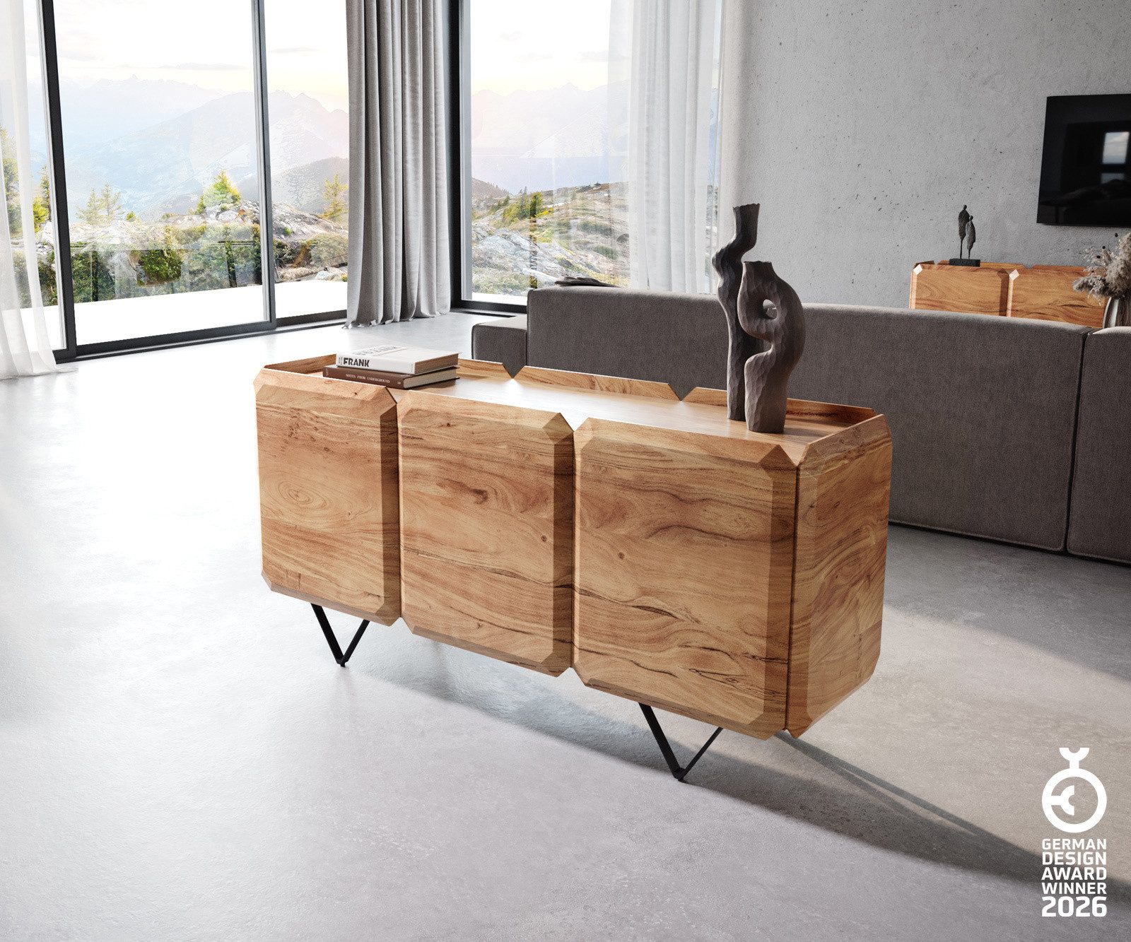 DELIFE Sideboard Kiano, Akazie Natur 145 cm 3 Türen V-Fuß Schwarz Raumteiler