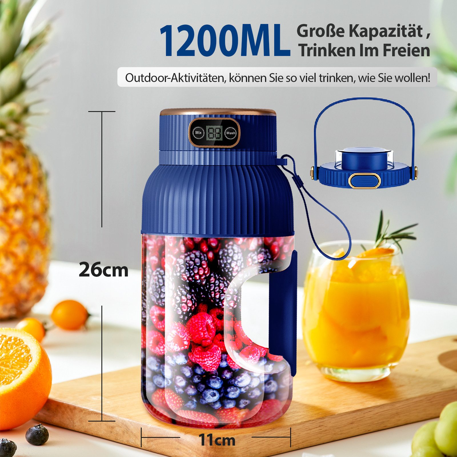 Fine Life Pro Standmixer Tragbarer Saftpresse, 1200 ml großer Fassungsvermögen, 78 W, Mini-Mixer, geeignet für die Küche, im Freien und im Fitnessstudio – Bild 4 von 5