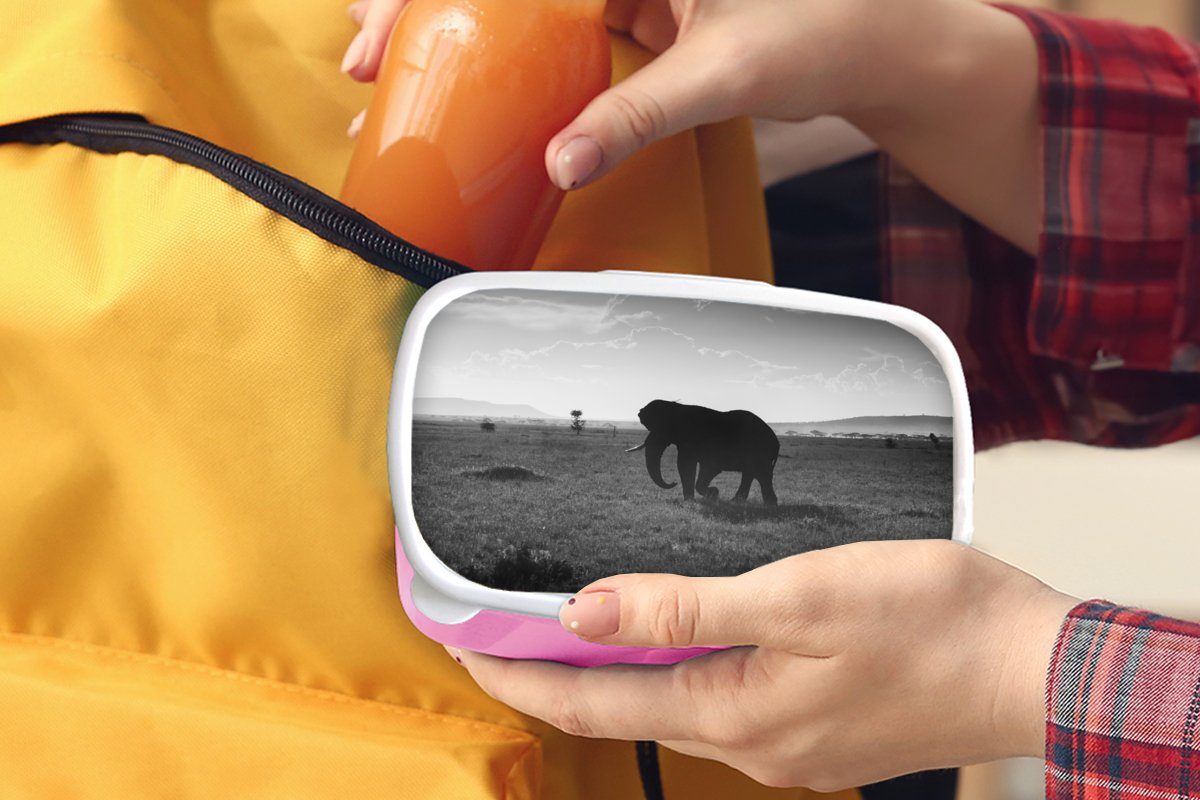 MuchoWow Lunchbox für - - rosa Brotdose Einfarbig Kunststoff, Kunststoff Tiere weiß, Schwarz Snackbox, Erwachsene, Brotbox Mädchen, Elefant (2-tlg), und Kinder, 