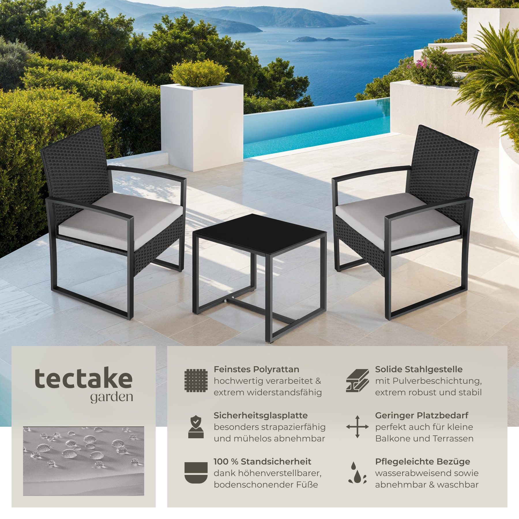 tectake Sitzgruppe Rattan Gartenlounge für 2 Personen, höhenverstellbare Kunststofffüße, (Loungeset Granada, 3-tlg., für Außen in Hellgrau/Schwarz), widerstandsfähig, UV-beständig, mit Sicherheitsglasplatte