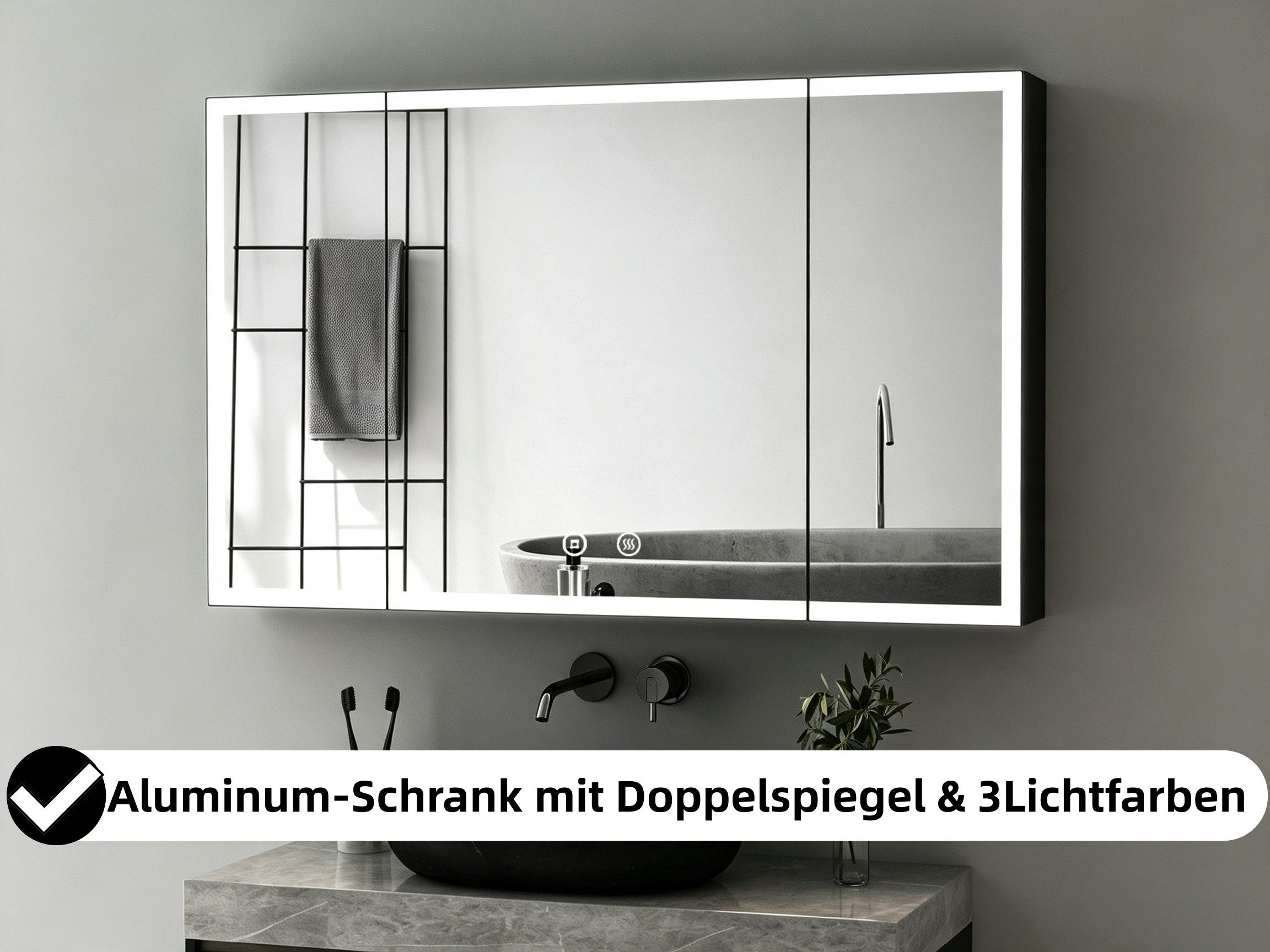 WDWRITTI Spiegelschrank Alu 3türig 120x60 100x60 90x60cm Badezimmerspiegelschrank 3Lichtmodi (Badschrank Schwarz matt Anti-Fog Dimmbar, Alu-Schranktür, Stahl Schrank-Korpus, Doppel Spiegel, Speicherfunktion) mit Netzadapter, vormontiert geliefert,2 Installation