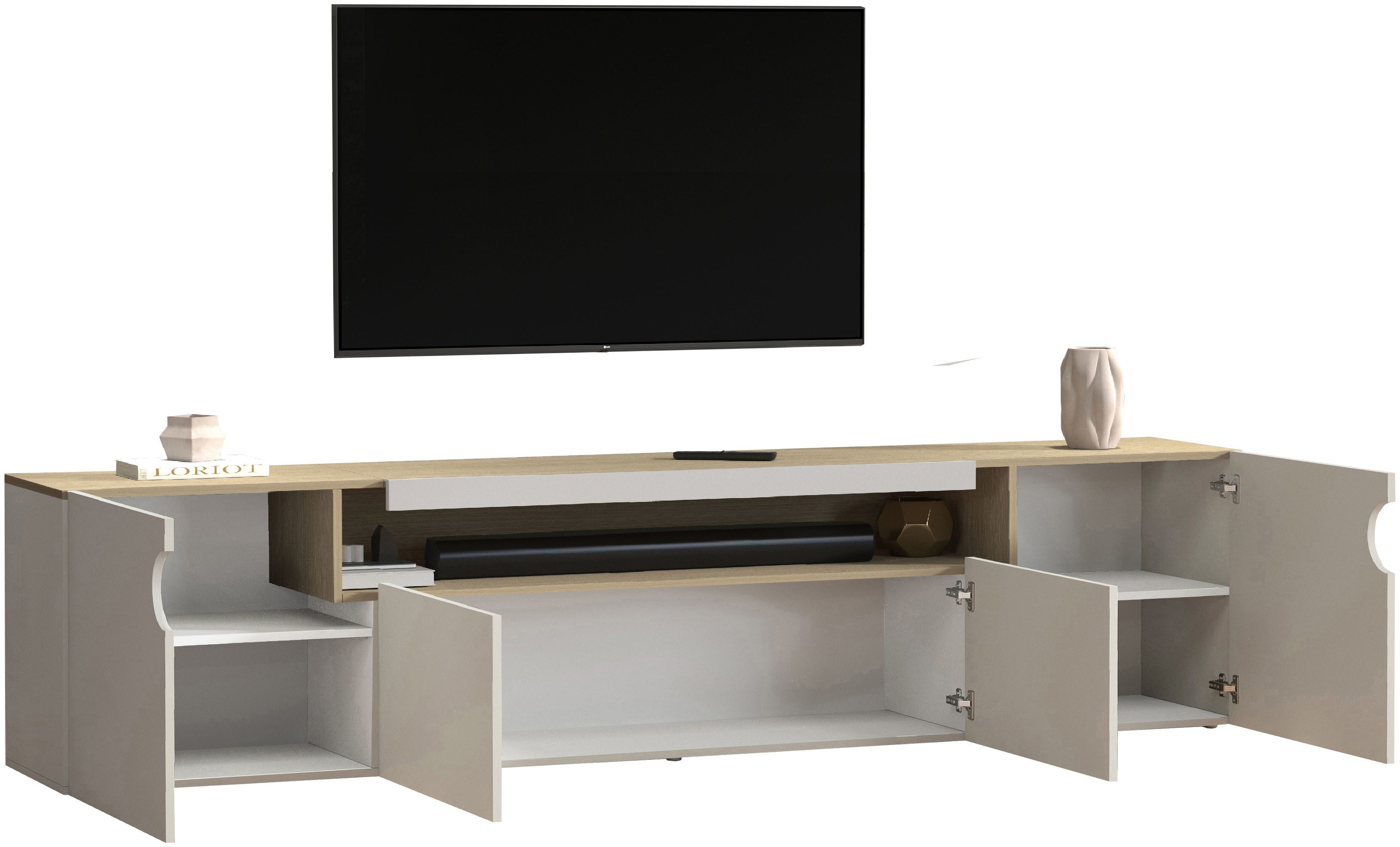 Home affaire Lowboard REAL TV-Möbel, 240 cm breit, 40/60 cm hoch, Hochglanz oder matt, Mit 4 Türen, davon 2 abgerundet, die ein ovales offenes Fach bilden