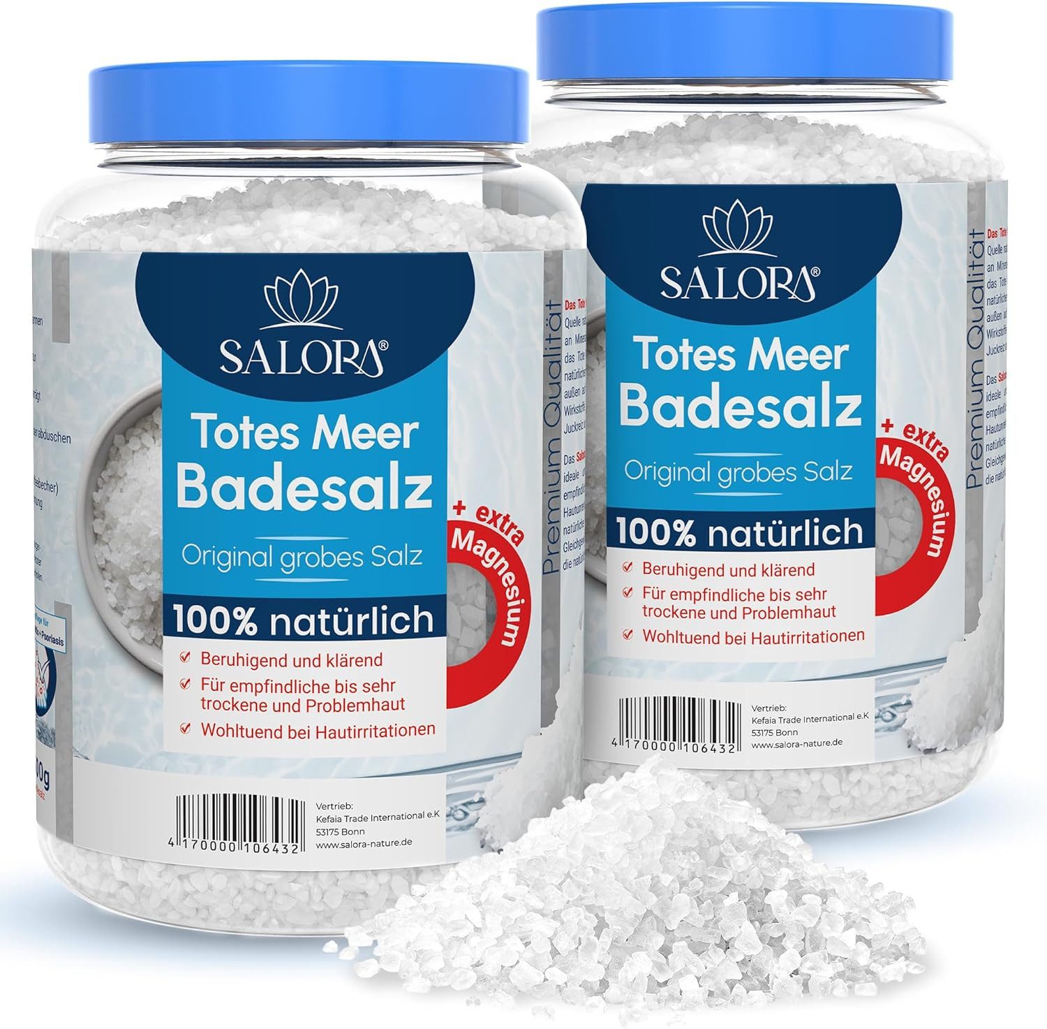 Salora Badesalz Original Totes Meer Badesalz Premium aus Jordanien, 2-tlg., Vollbad oder Fußbad Salz mit Peeling Effekt