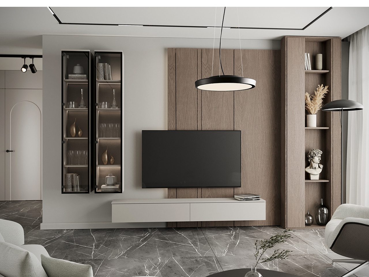 MOEBLINE Wohnwand Medienwand FIVO 3 kaschmir TV-Lowboard Hängevitrinen 3-St günstig online kaufen