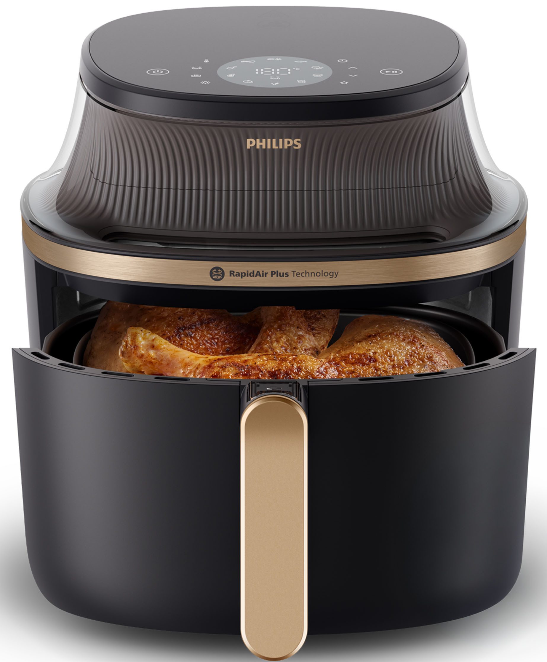Philips Heißluftfritteuse Airfryer 3000 NA332/00, mit 6.2L, Sichtfenster, 1700 W, RapidAir Plus Technologie und 16 Kochfunktionen; Schwarz/Kupfer