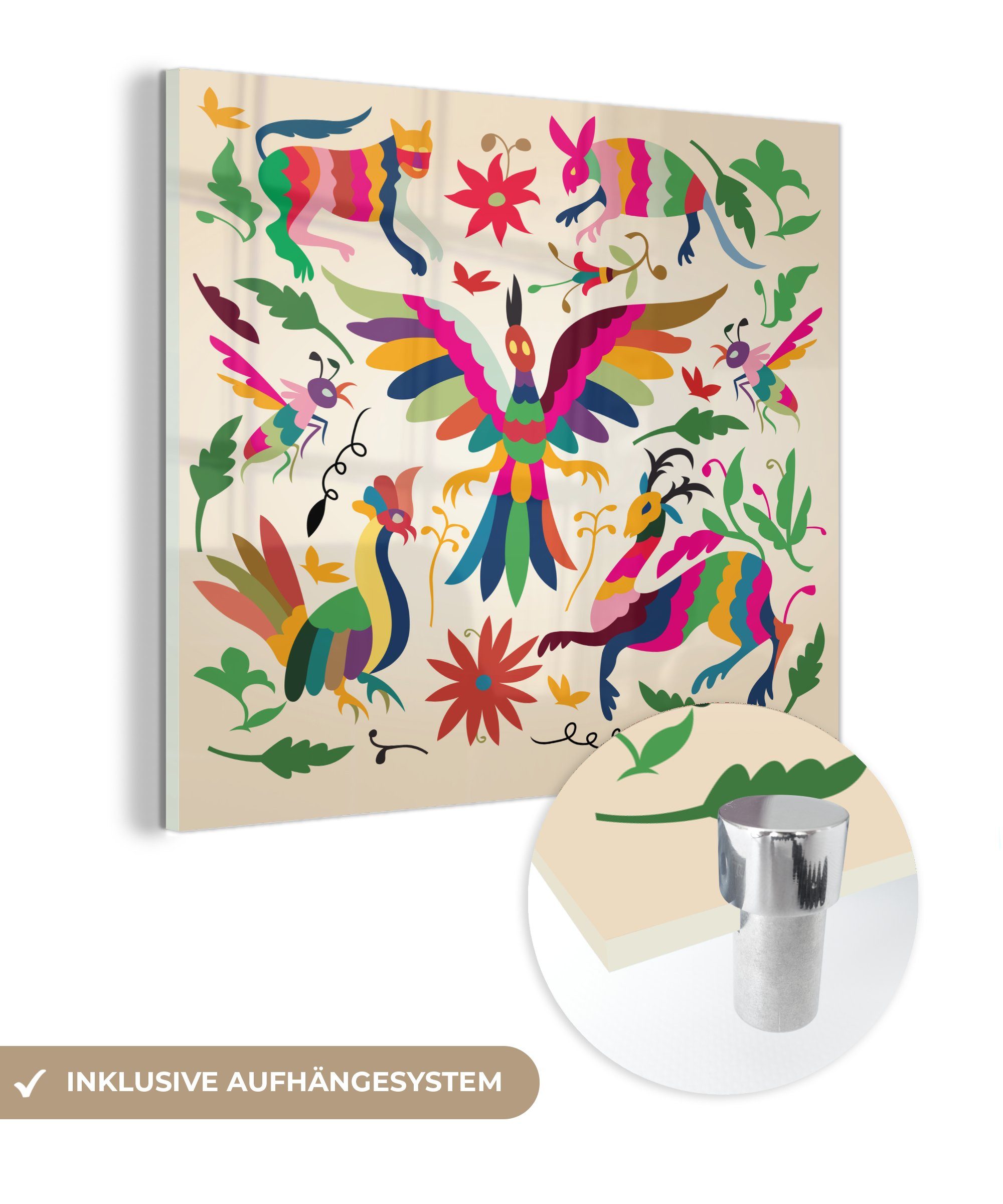 MuchoWow Acrylglasbild Frühling Illustration bunte Tiere, (1 St), Glasbilder - Bilder auf Glas Wandbild - Foto auf Glas - Wanddekoration | Bilder