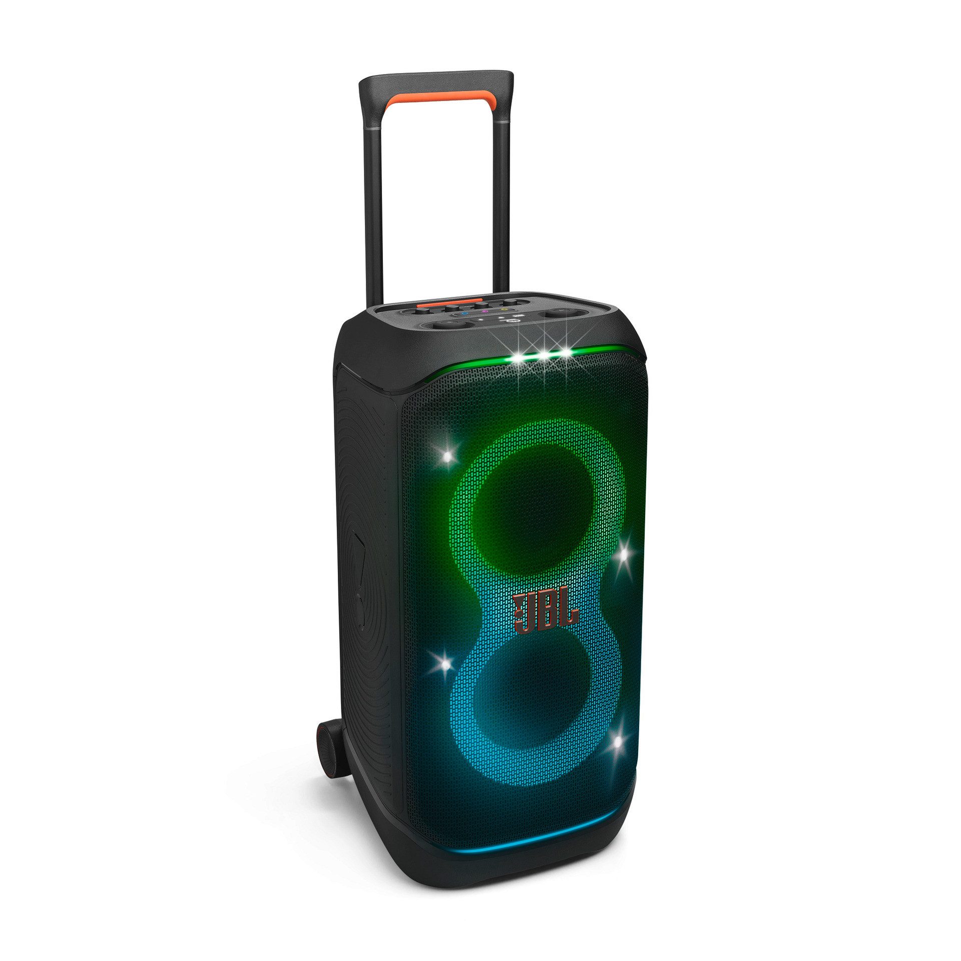 JBL PartyBox Stage 320 Party-Lautsprecher Stereo (Bluetooth, 240 W, 18h Akkulaufzeit, dynamische Lichtshow, Teleskopgriff, Auracast)