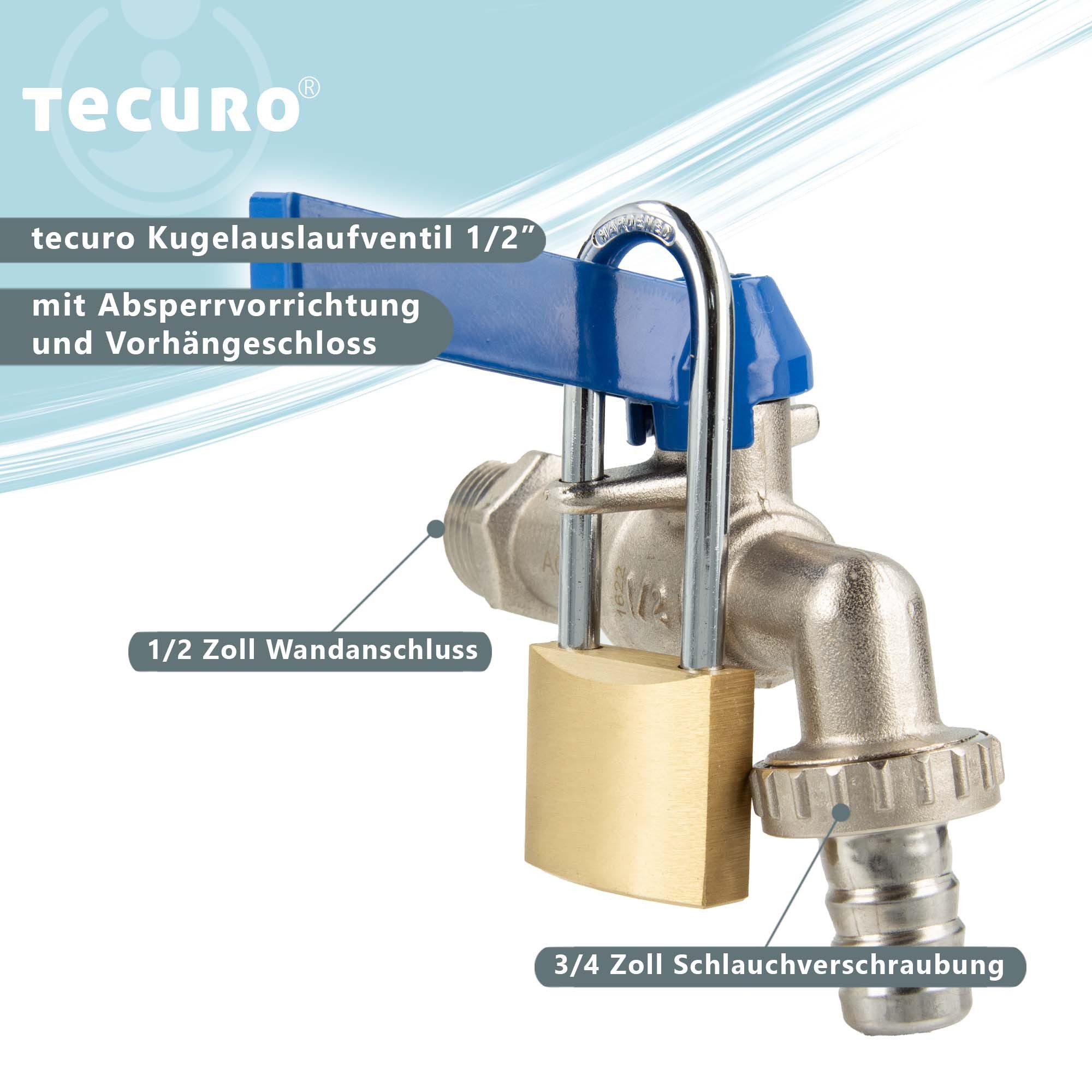 tecuro Absperrventil Kugelauslaufventil 1/2 mit Absperrvorrichtung und Vorhängeschloss, absperrbar gegen unbefugte Nutzung
