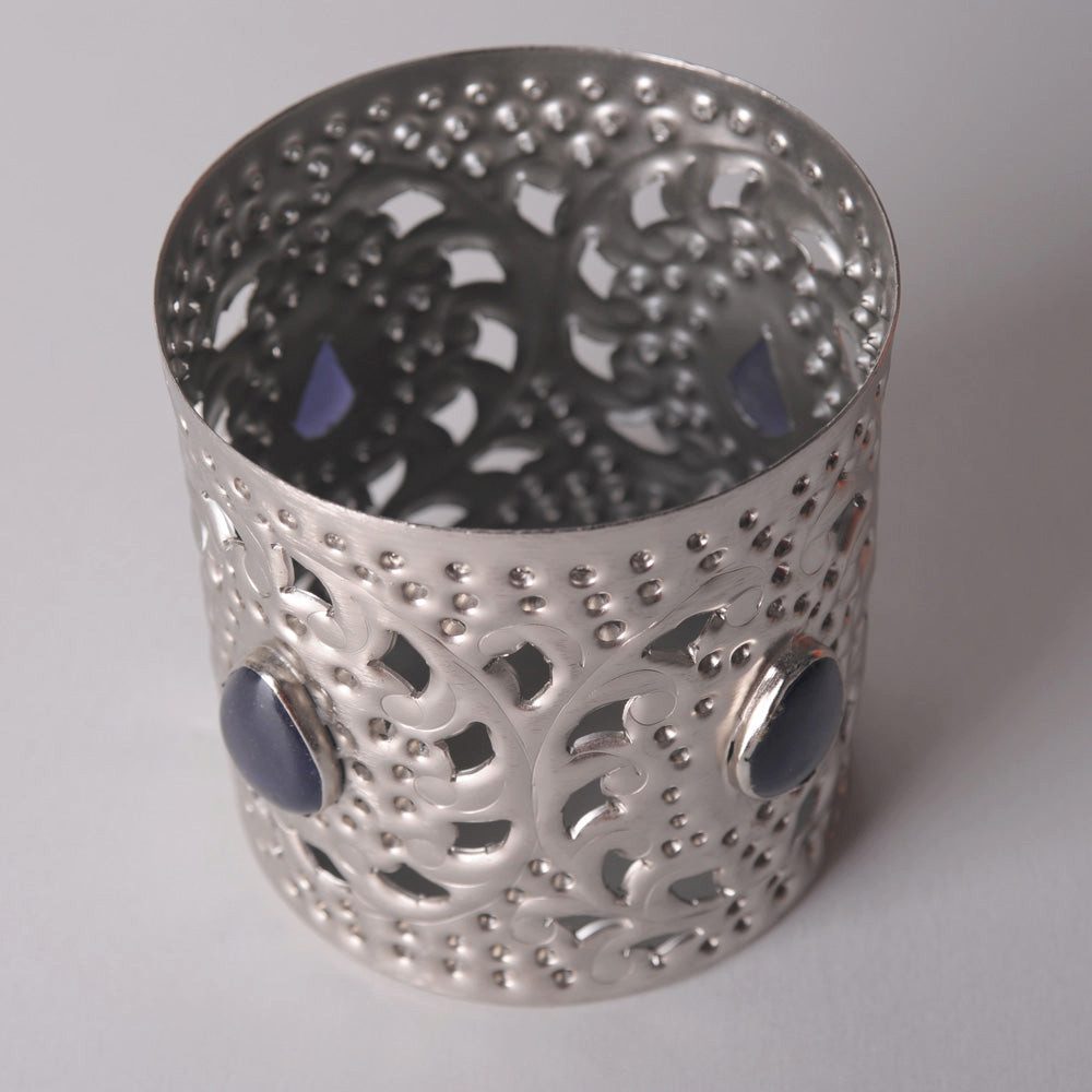 Dirk Davids Leuchten GmbH Windlicht Windlicht Marrakesch Metall Chrom Poliert mit Glasstein in Blau
