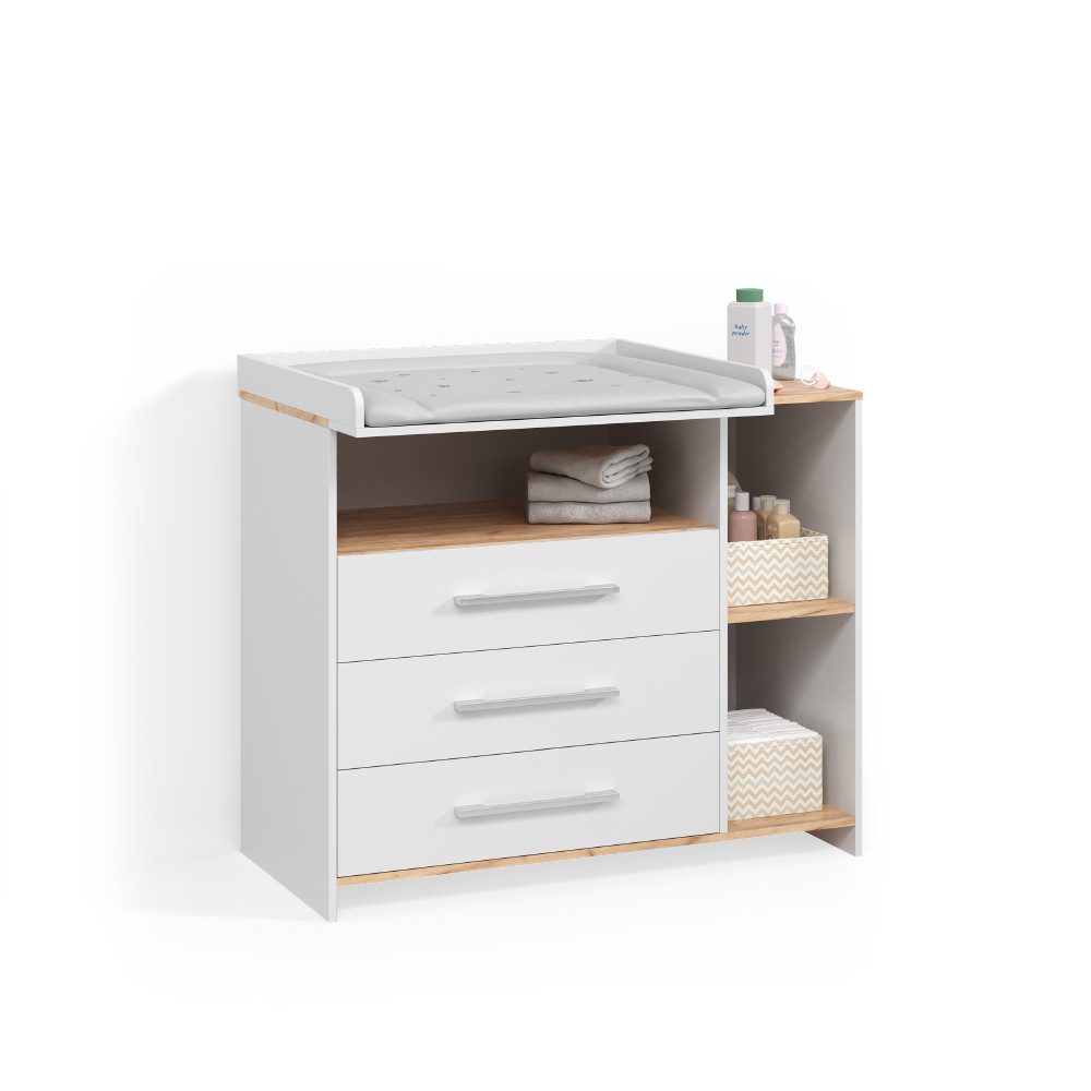 Livinity® Wickelkommode Torino, Weiß/Goldkraft Eiche/Goldkraft Eiche, mit 3 Schubladen