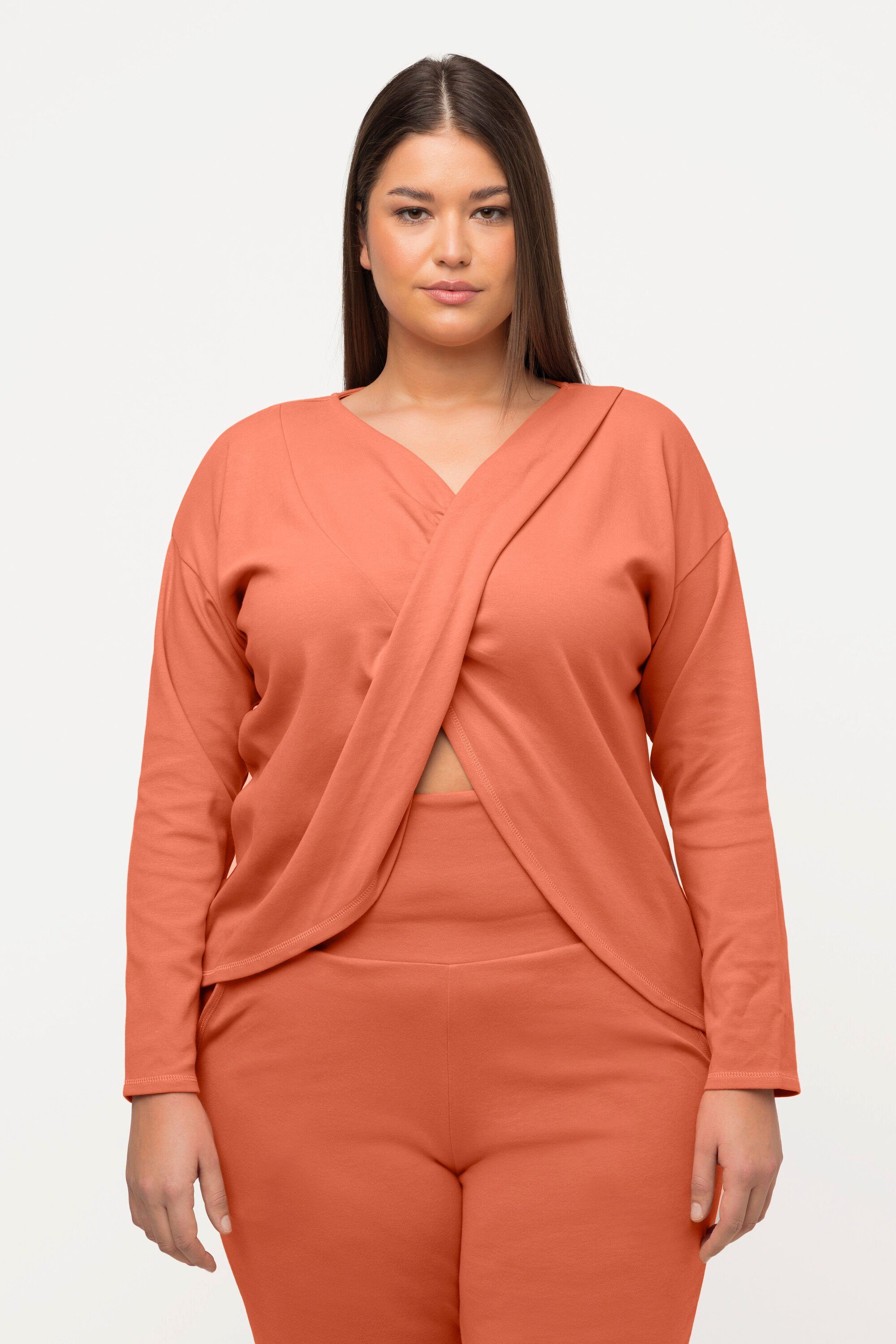 Ulla Popken Longsleeve Yoga-Shirt drapiert V-Ausschnitt Langarm