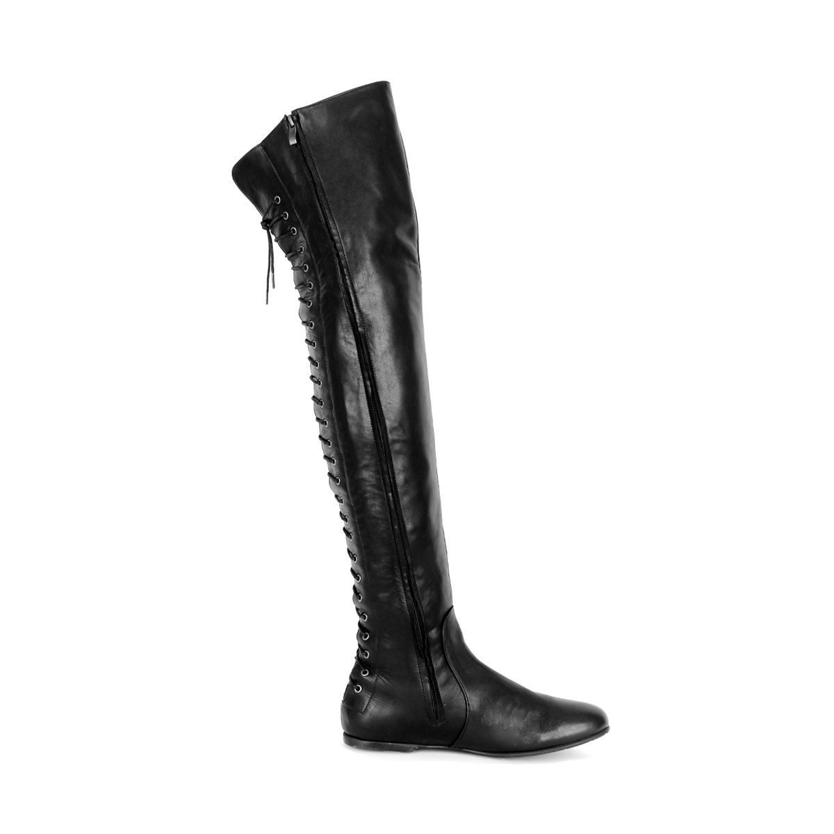 Fernando Berlin Ultraflacher Overkneestiefel mit Schnürung (Modell 108) Leder schwarz Overkneestiefel