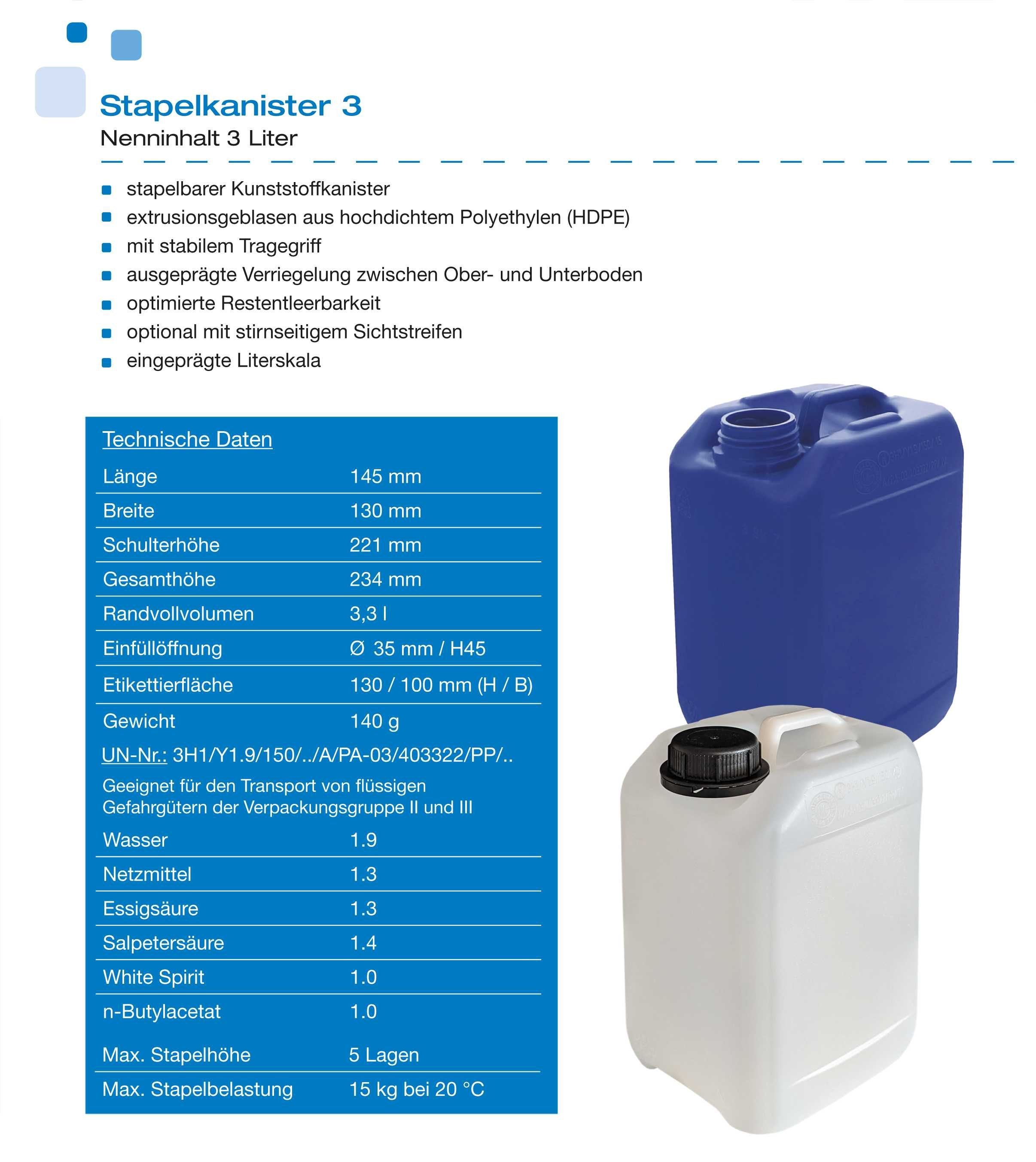 Plasteo Kanister 3 l Kanister Leerkanister naturfarben DIN45 (Sparset, 3 St), Mit UN-Zulassung