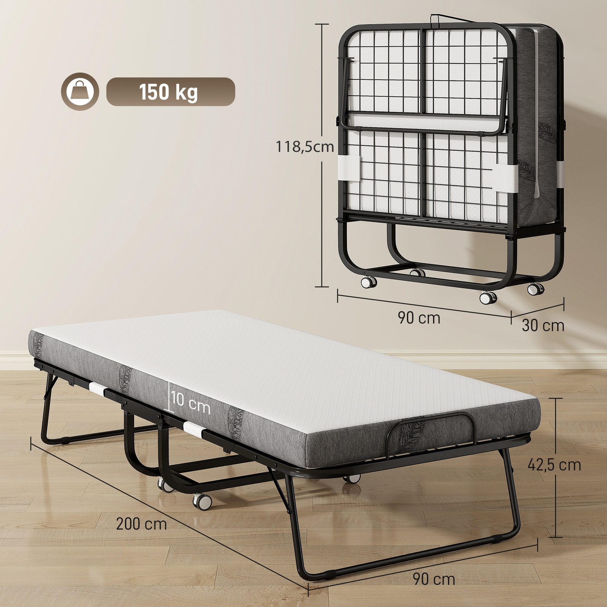 HOMCOM Gästebett Klappbett 90x200 cm mit 10cm Dicker Schaumstoff Einzelbett (Reisebett, 1-St., Feldbett mit Stahlrahmen) mit Rollen bis 150 kg belastbar – Bild 3 von 5