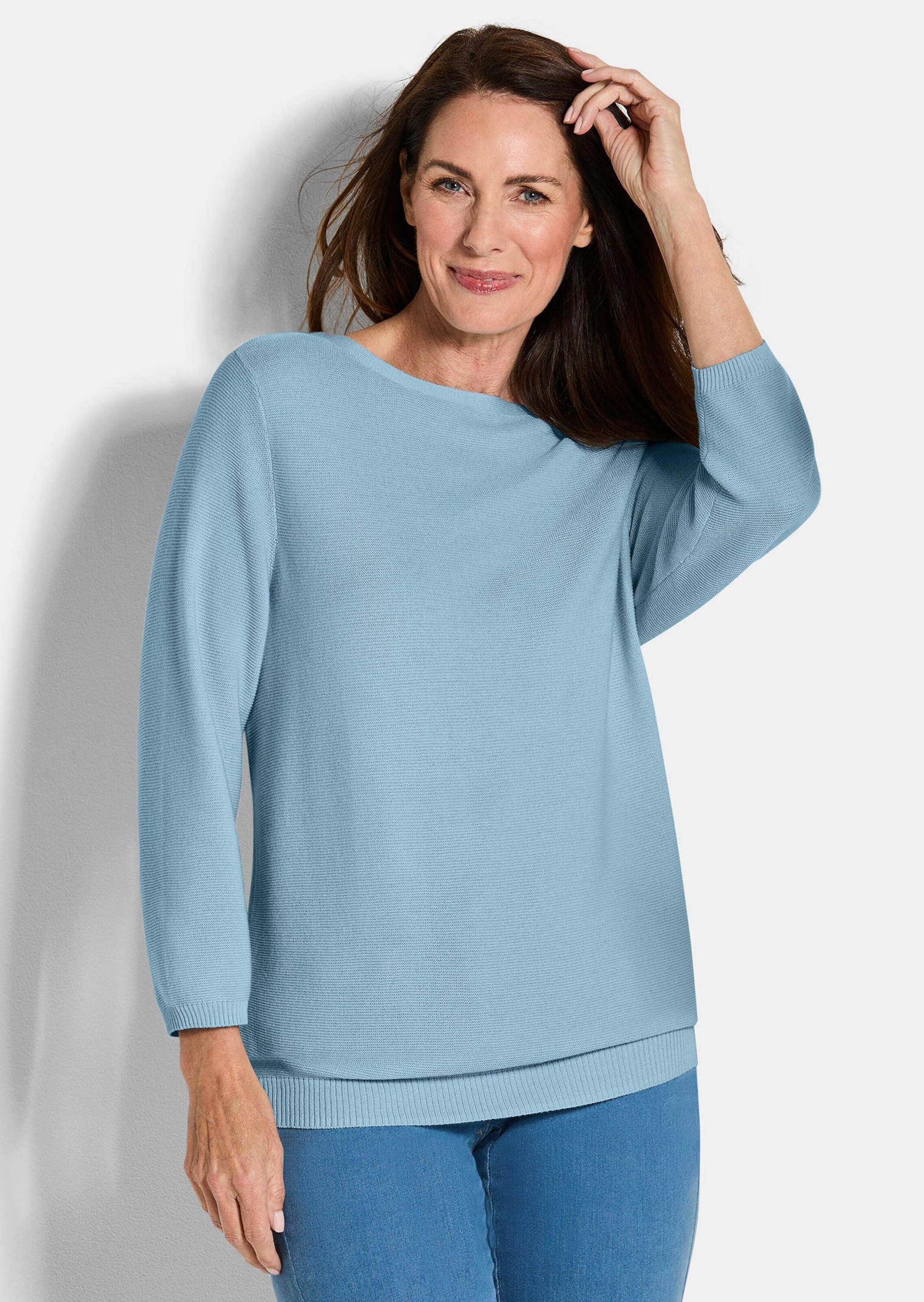 GOLDNER Вязаные свитера Kurzgröße: Eleganter Baumwollpullover, Halbarm Leichter Feinstrickpullover mit U-Boot-Ausschnitt