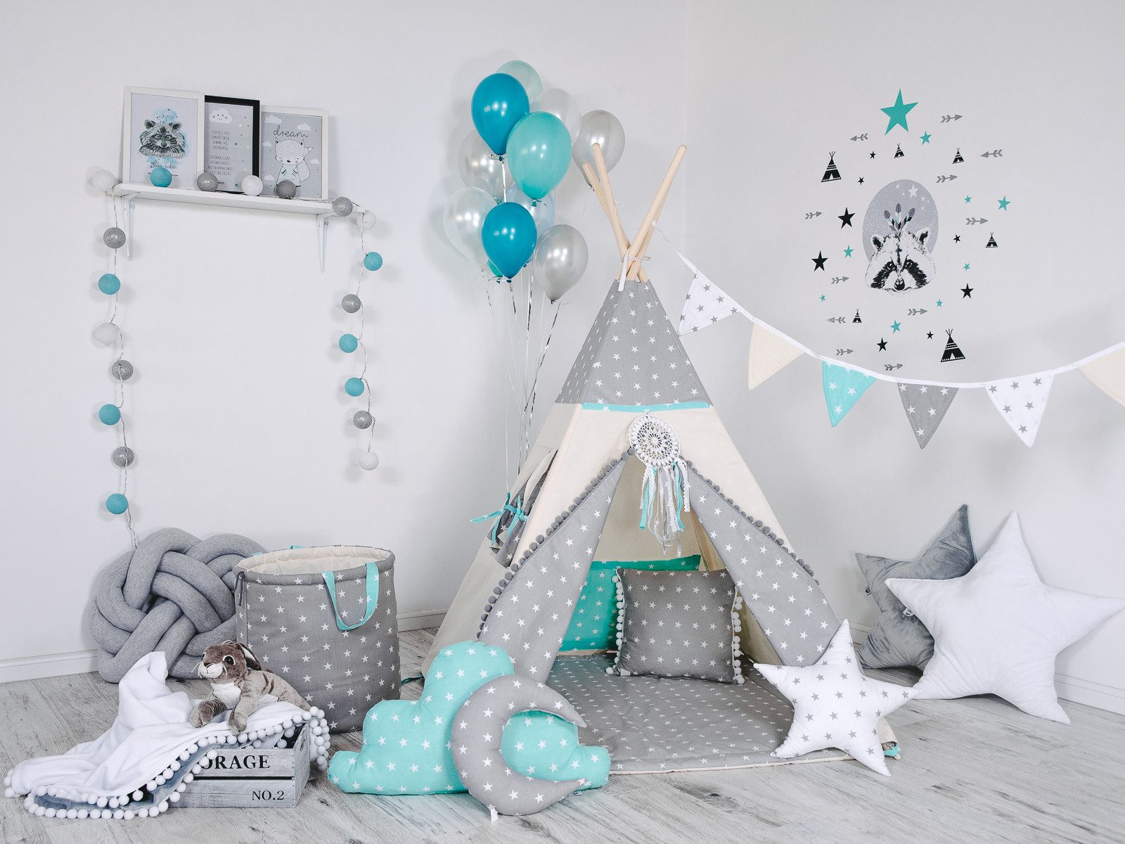 Rainbow Kids Tipi-Zelt Grauer Stern, Personen: 2 (mit Zubehör, 8 tlg., mit 4 Kissen, Matte, Spielzeugkorb und Wimpelkette)