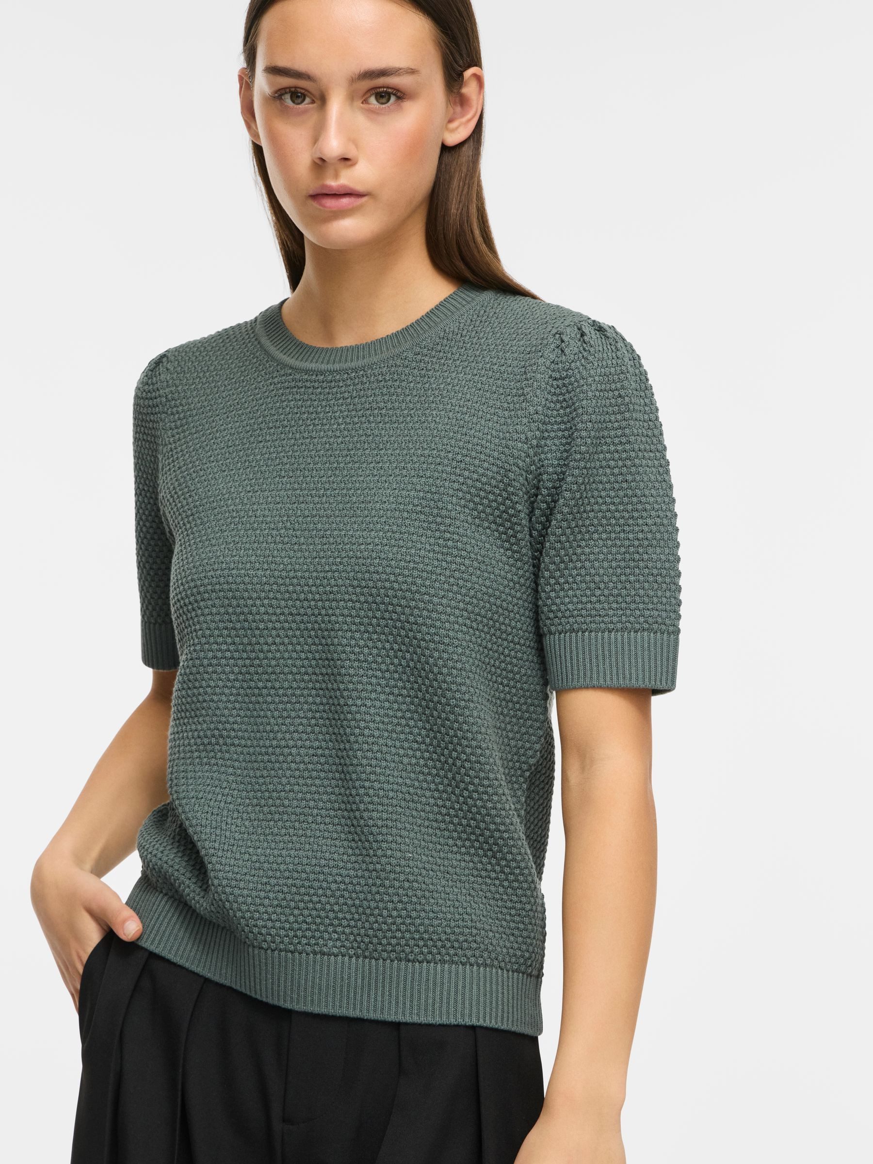 Vila T-Shirt Strickstruktur Rundhals Volumenärmel Rippbündchen Basic für Damen (1-tlg) Bio-Baumwollanteil, Nachhaltig, Regular Fit, Kurzarm, Alltagslook