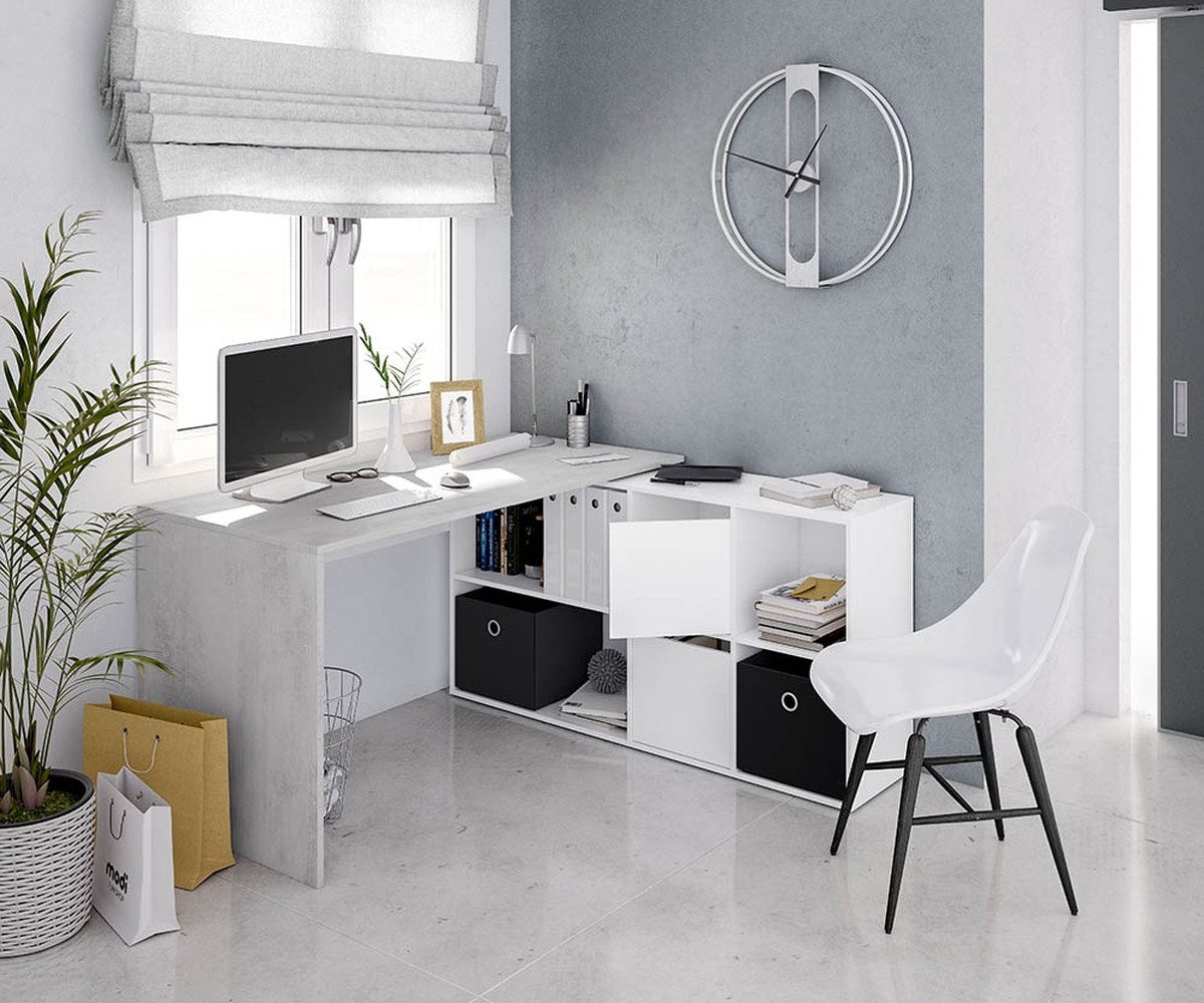 FORES HABITAT Schreibtisch 2 Türen, Fächer, in Artik Weiß / Zementgrau - 136x74x139 (BxHxT)