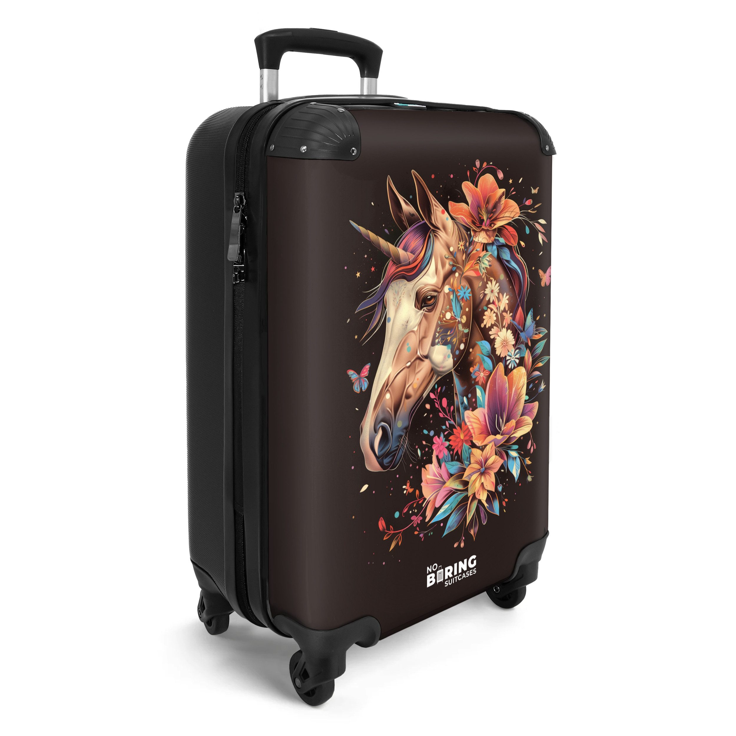 NoBoringSuitcases.com© Kinderkoffer Einhorn und Blumen auf schwarzem Hintergrund 55x35x20cm, 4 Rollen, Kinder Koffer Klein, Trolley Handgepäck, Reisekoffer