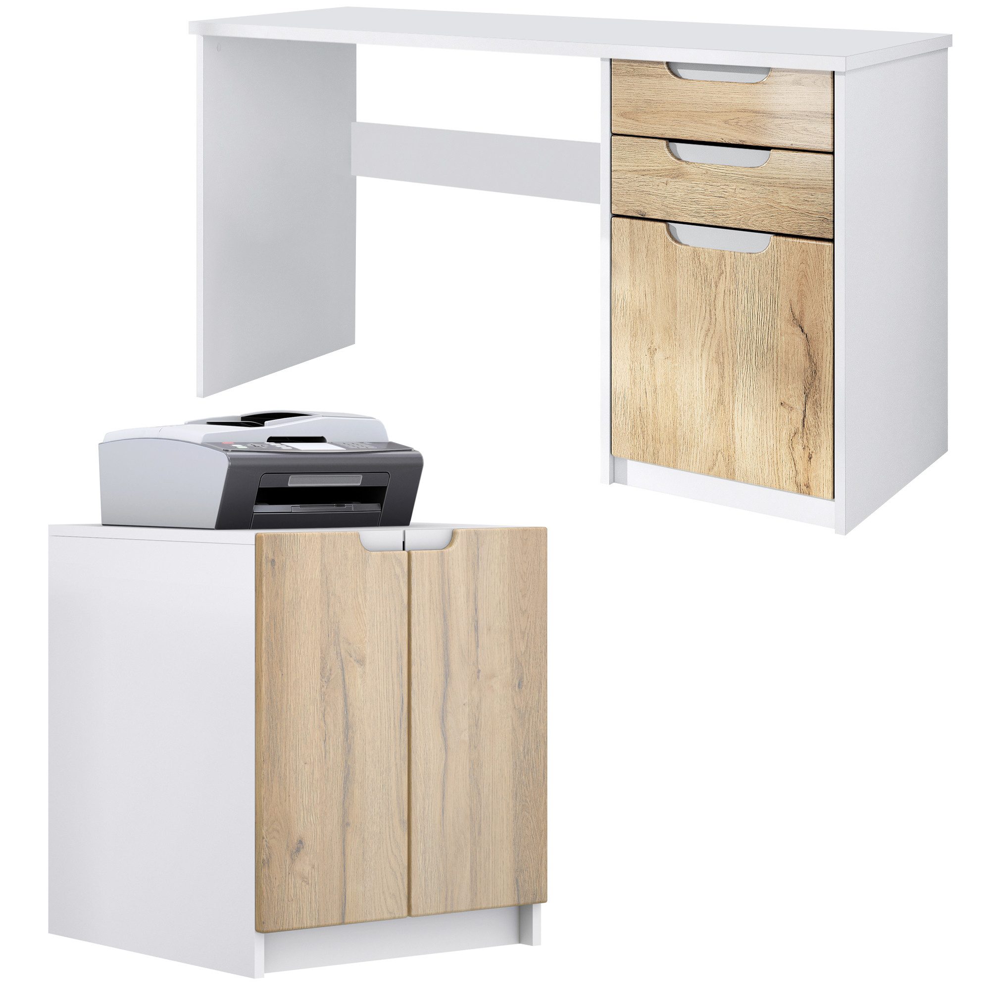 Vladon Aktenschrank Paris (Büromöbel-Set, mit 1 Schreibtisch und 1 Druckerkommode) Weiß matt / Eiche Natur
