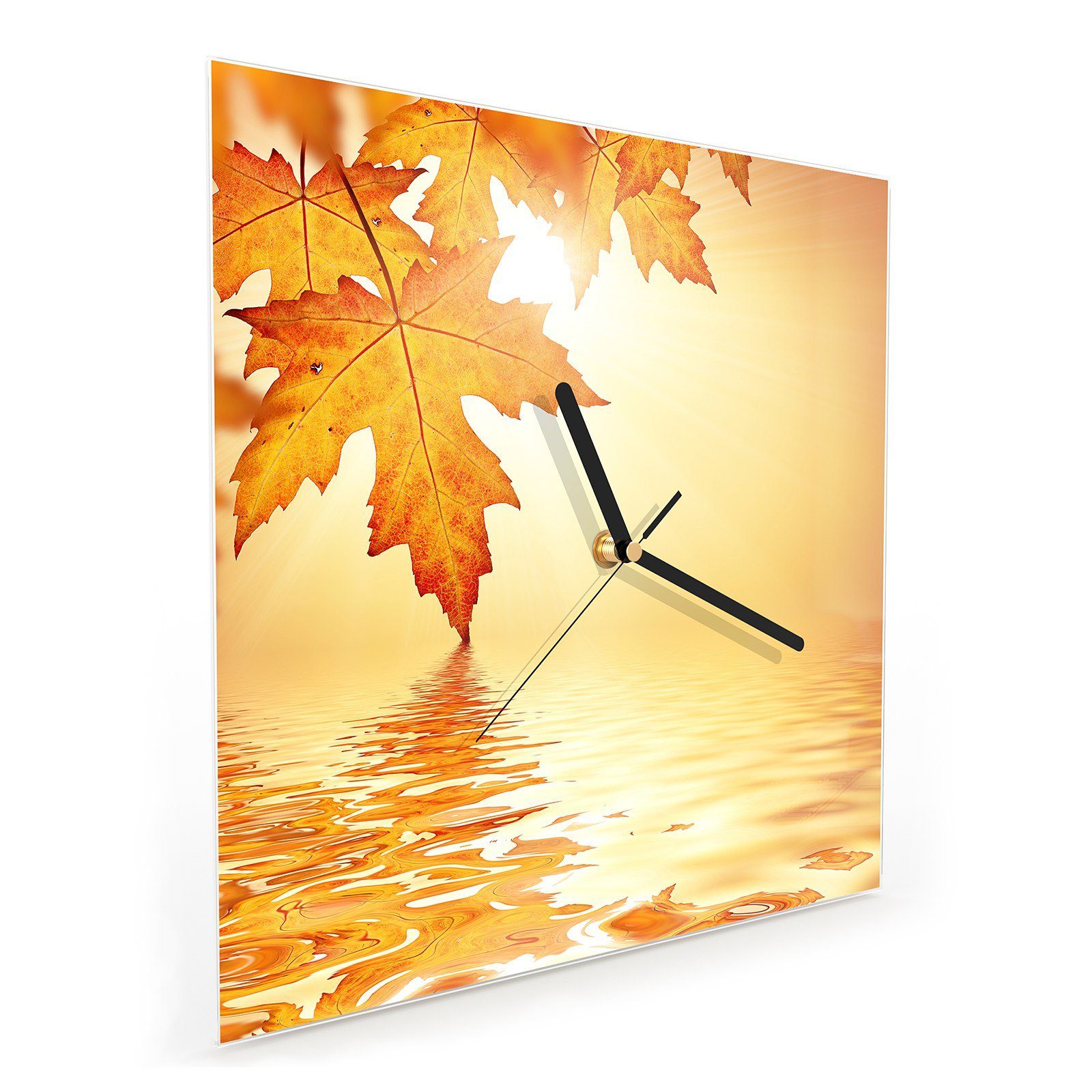 x 30 Wanduhr Primedeco cm Herbstzweig am Wanduhr mit Wandkunst Größe Motiv 30 Wasser Glasuhr