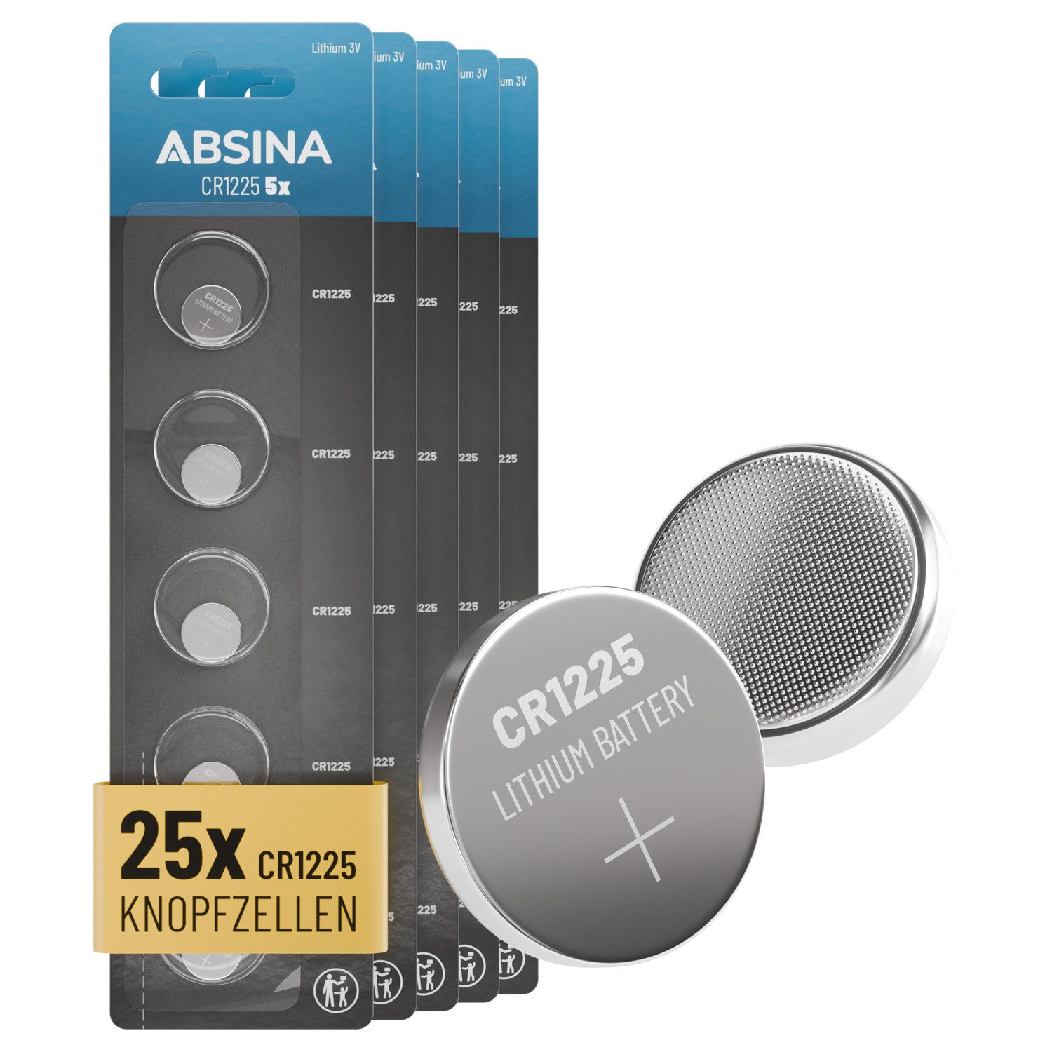 ABSINA 25x CR1225 Knopfzelle 3V Lithium - CR 1225, Lithium CR1225 Knopfzelle, (25 St)