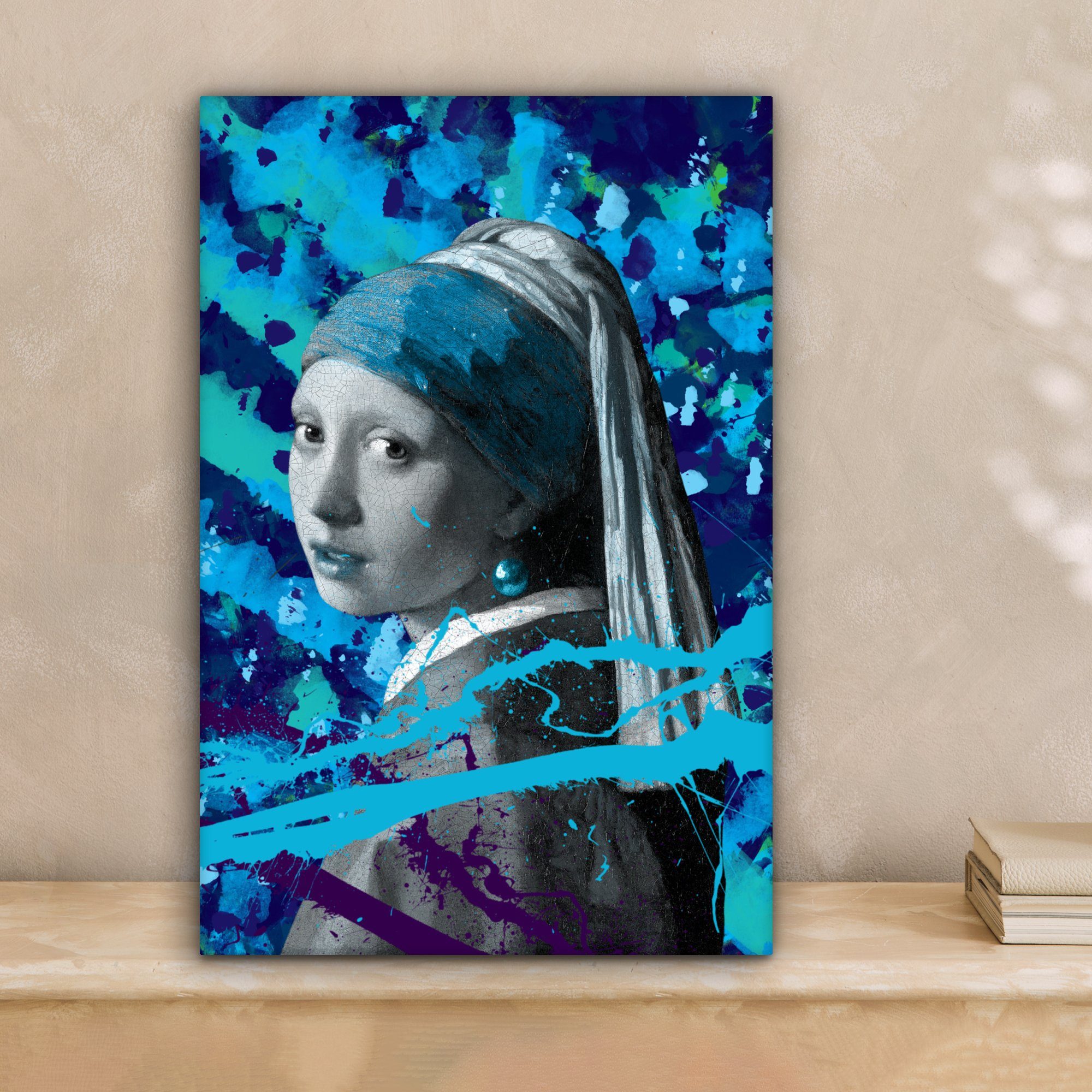 OneMillionCanvasses® Gemälde Mädchen (1 Zackenaufhänger, - bespannt mit fertig einem inkl. Gemälde, Perlenohrring cm 20x30 - Vermeer Leinwandbild Blau, Johannes St)