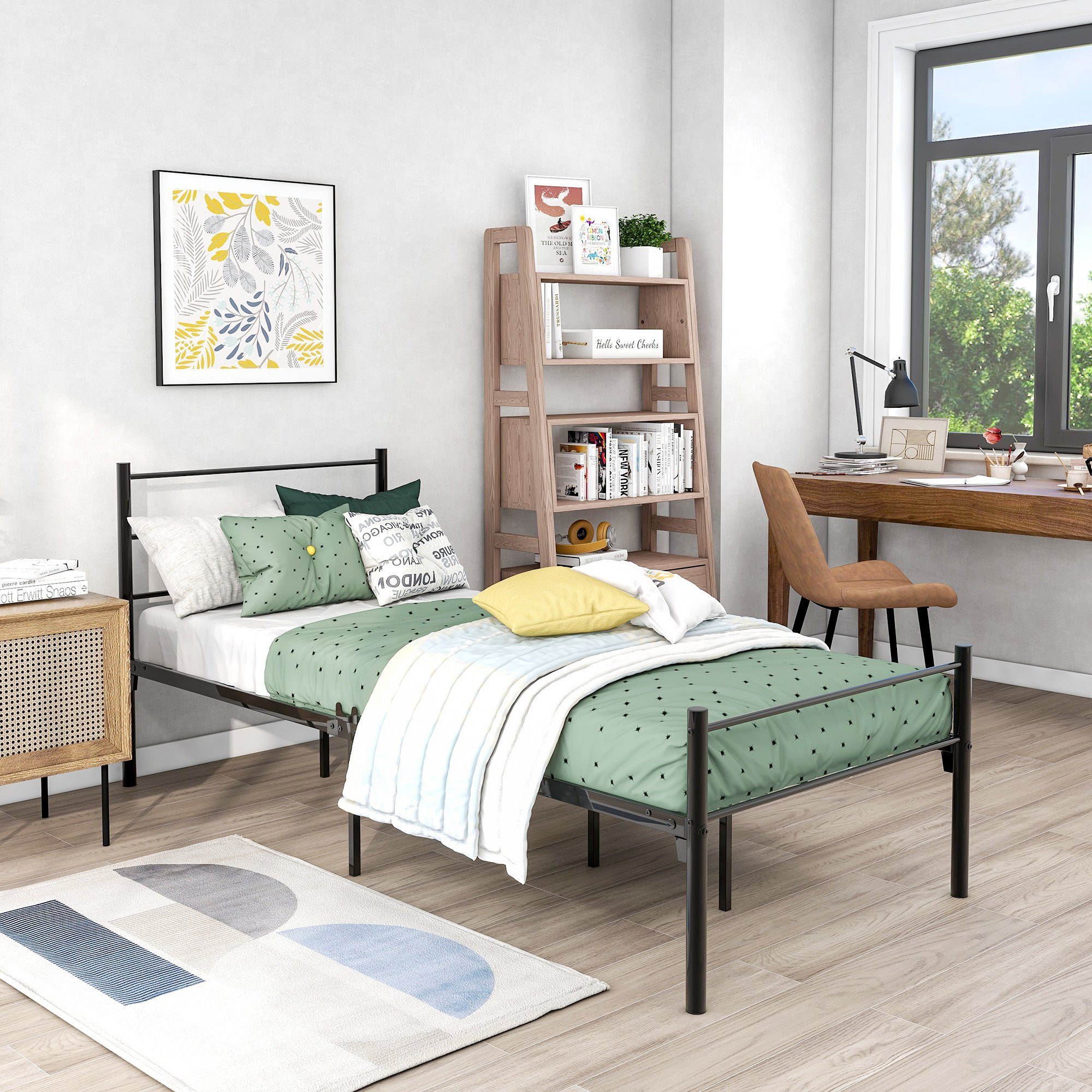 Metallbett (Gästebett Jugendbett), Einzelbett mit Lattenrost für Schlafzimmer Gästezimmer Bett 90x200 cm