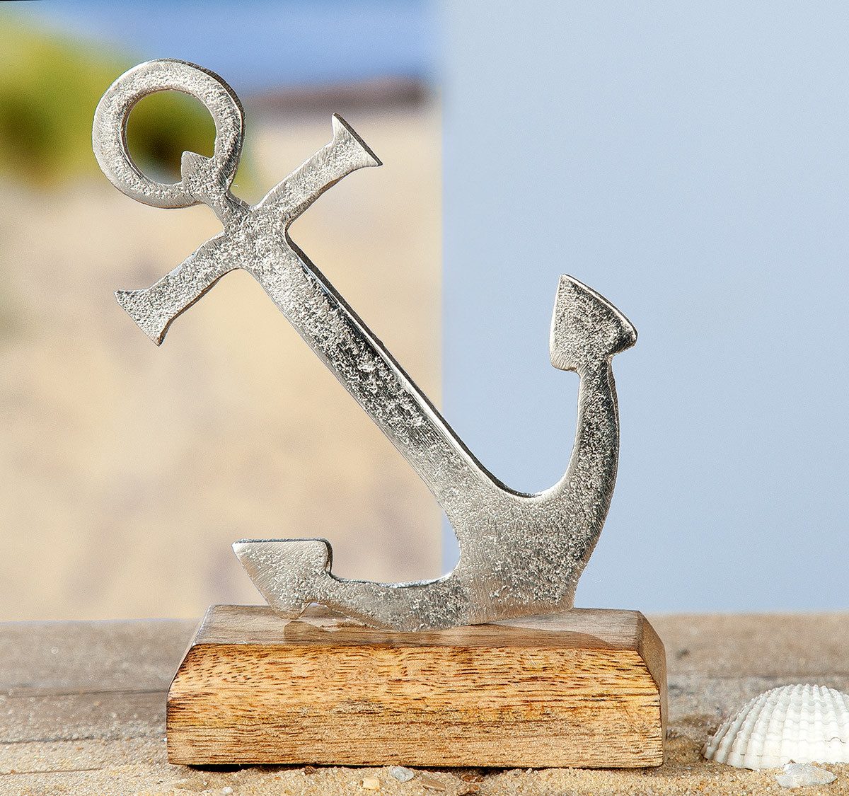 GILDE Dekoobjekt Anker 46880 – maritime Skulptur aus Mangoholz & Aluminium, 11×15,5 cm