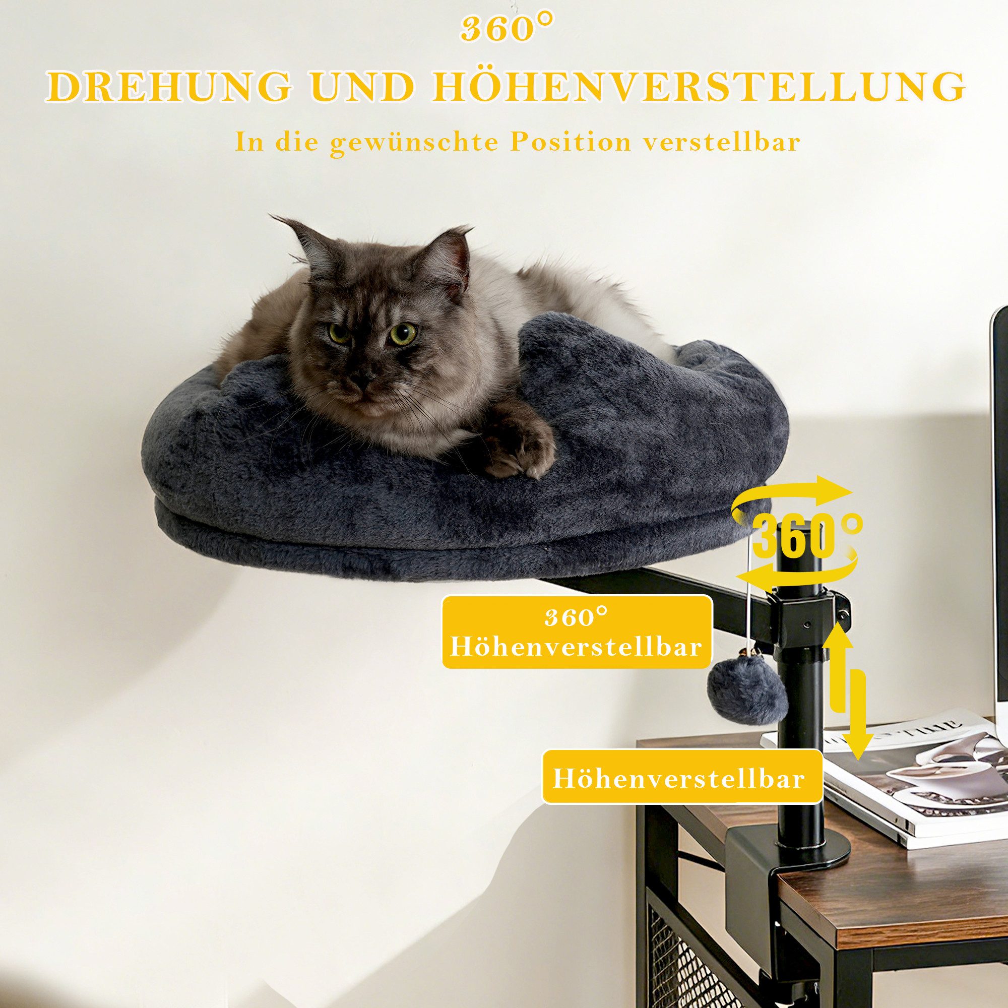 AISALL Katzenliege Um 360° drehbares Katzenbett für den Schreibtisch, Dunkelgrau