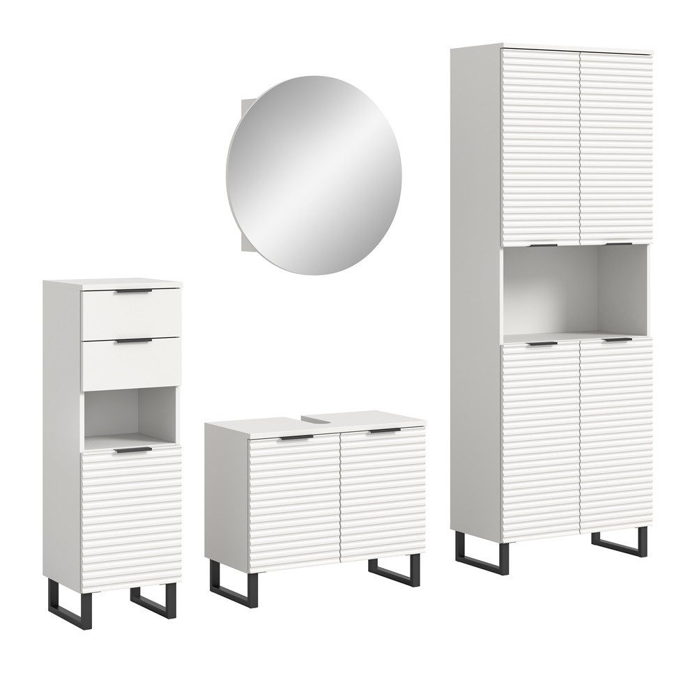 xonox.home Badmöbel-Set Badezimmer Set Riff, 4-teilig, weiß ohne Aufsatzleuchte, (4-St), hochwertige Rillenoptik mit Kufenfuß