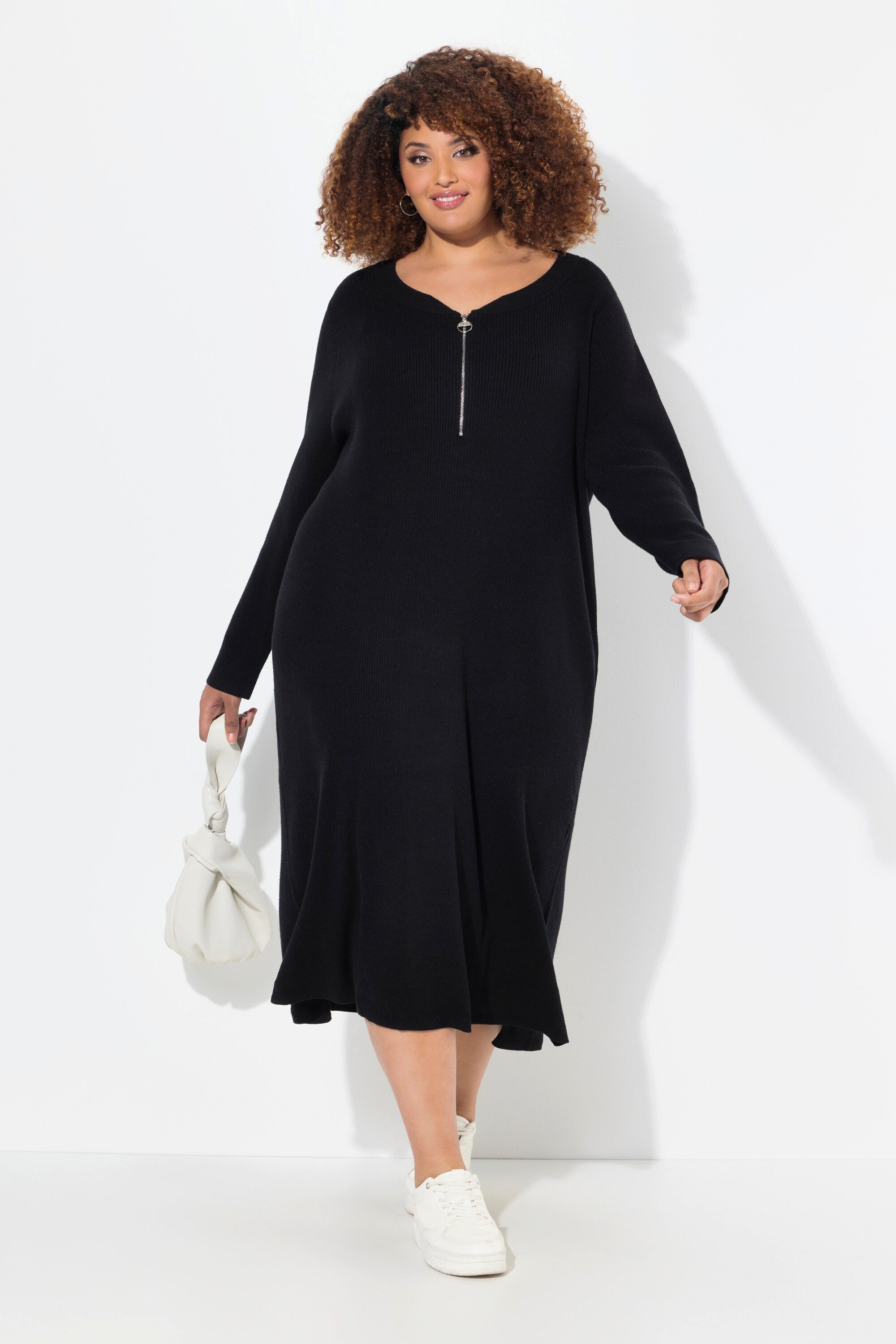Ulla Popken Strickkleid Rippjersey-Midikleid Zipper A-Linie V-Ausschnitt