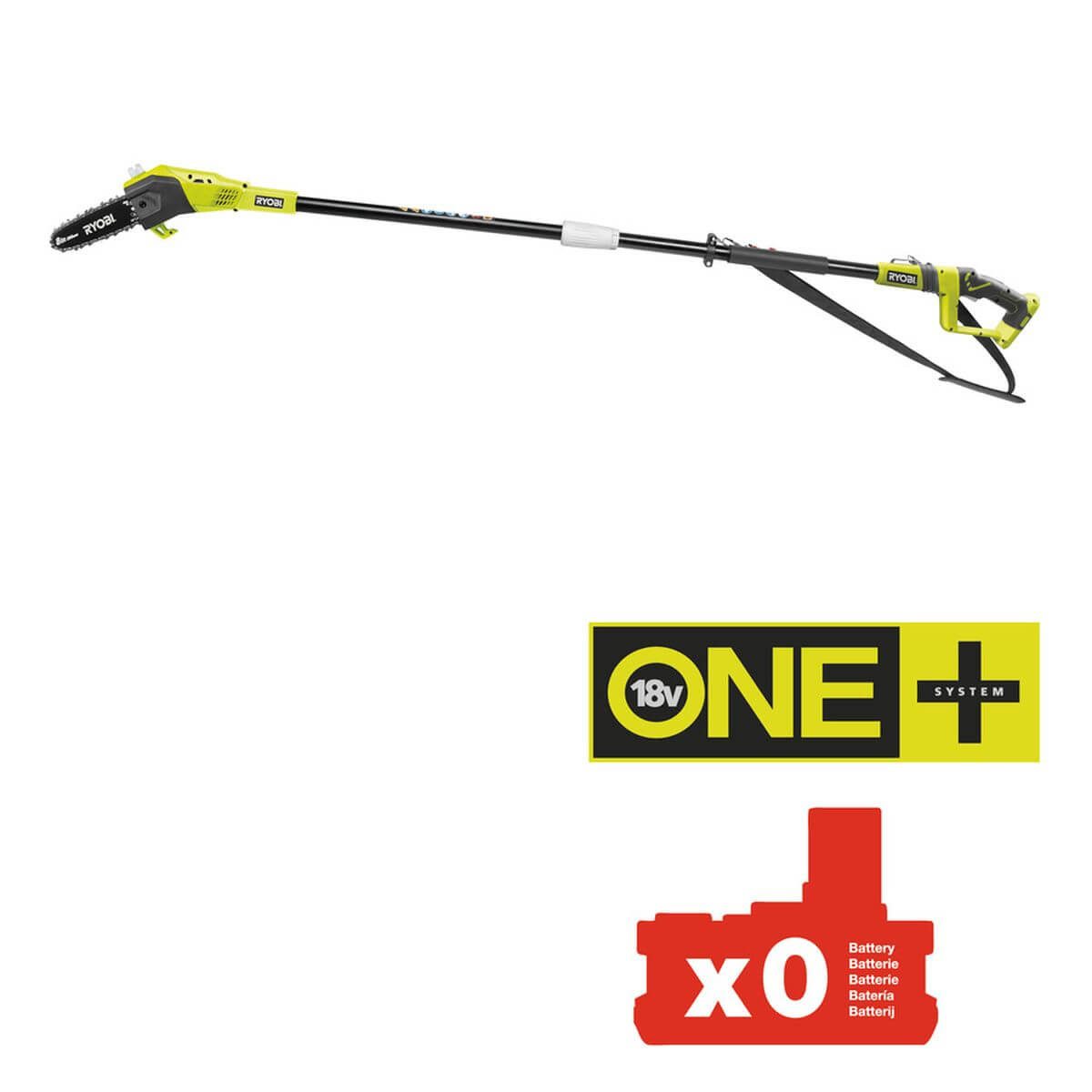 Ryobi Akku-Hochentaster Akku-Hochentaster ONE+ 18 V, Teleskop Kettensäge ohne Akku, 20 cm Schw, bis 4.00 m Arbeitshöhe, (Enthält kein Ladegerät), Abwinkelbarer Schneidkopf, 5,5 m/s Kettengeschwindigkeit