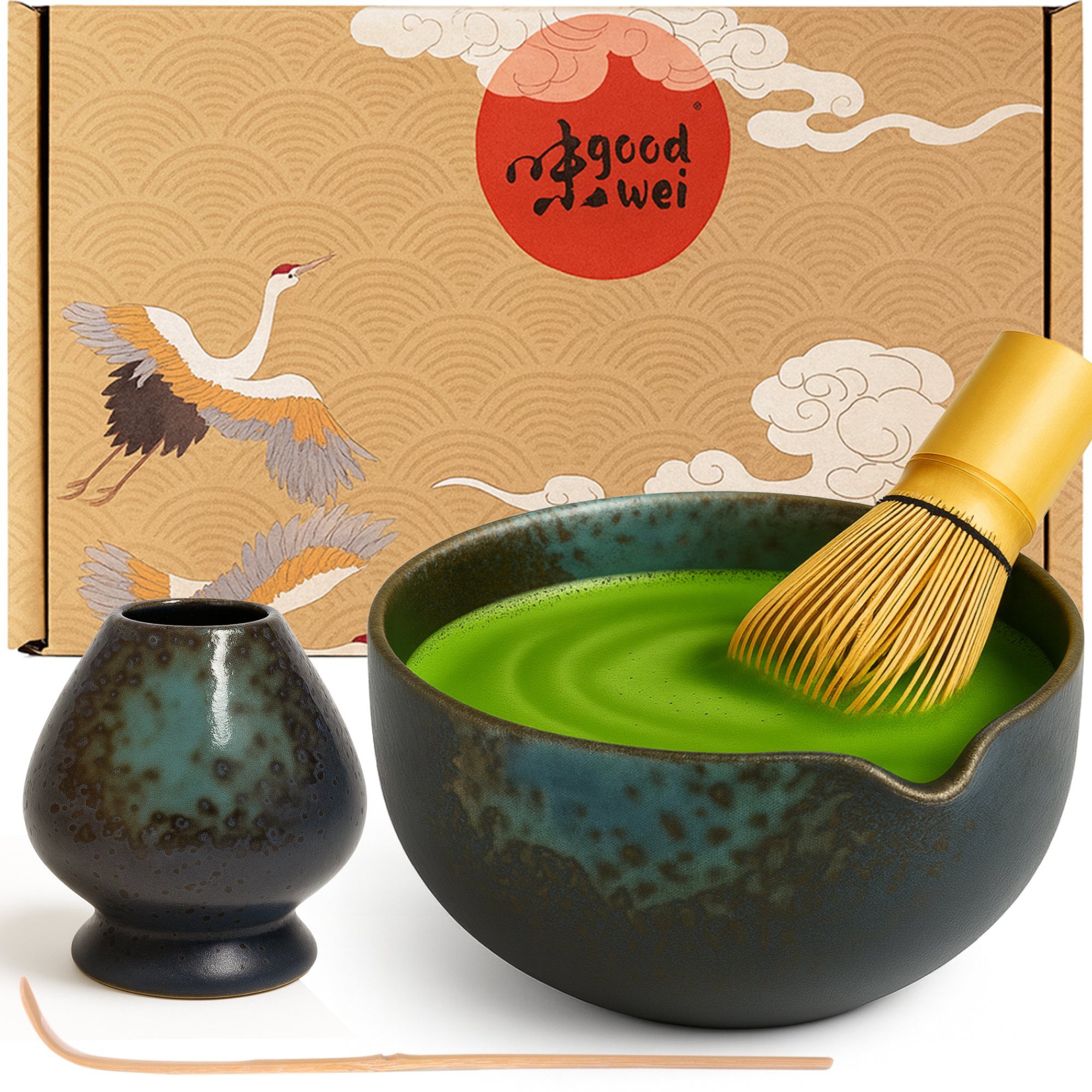 Goodwei Teeservice Matcha-Set "Rokusho" 80 mit Halter (4-tlg), 1 Personen, Keramik, handgearbeitet