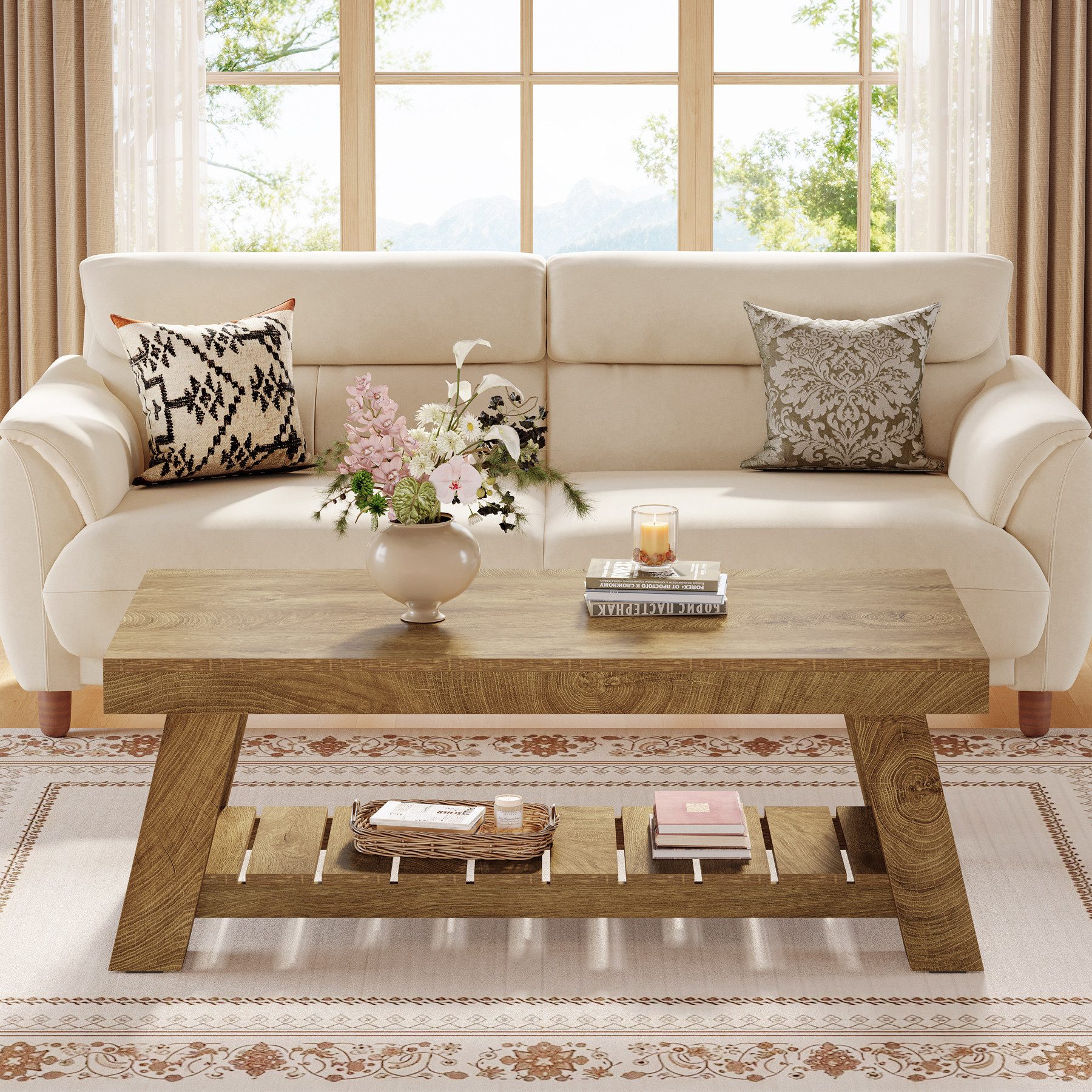 Tribesigns Couchtisch 120 cm Rechteckiger Wohnzimmertisch, Landhaus-Couchtisch mit Stauraum