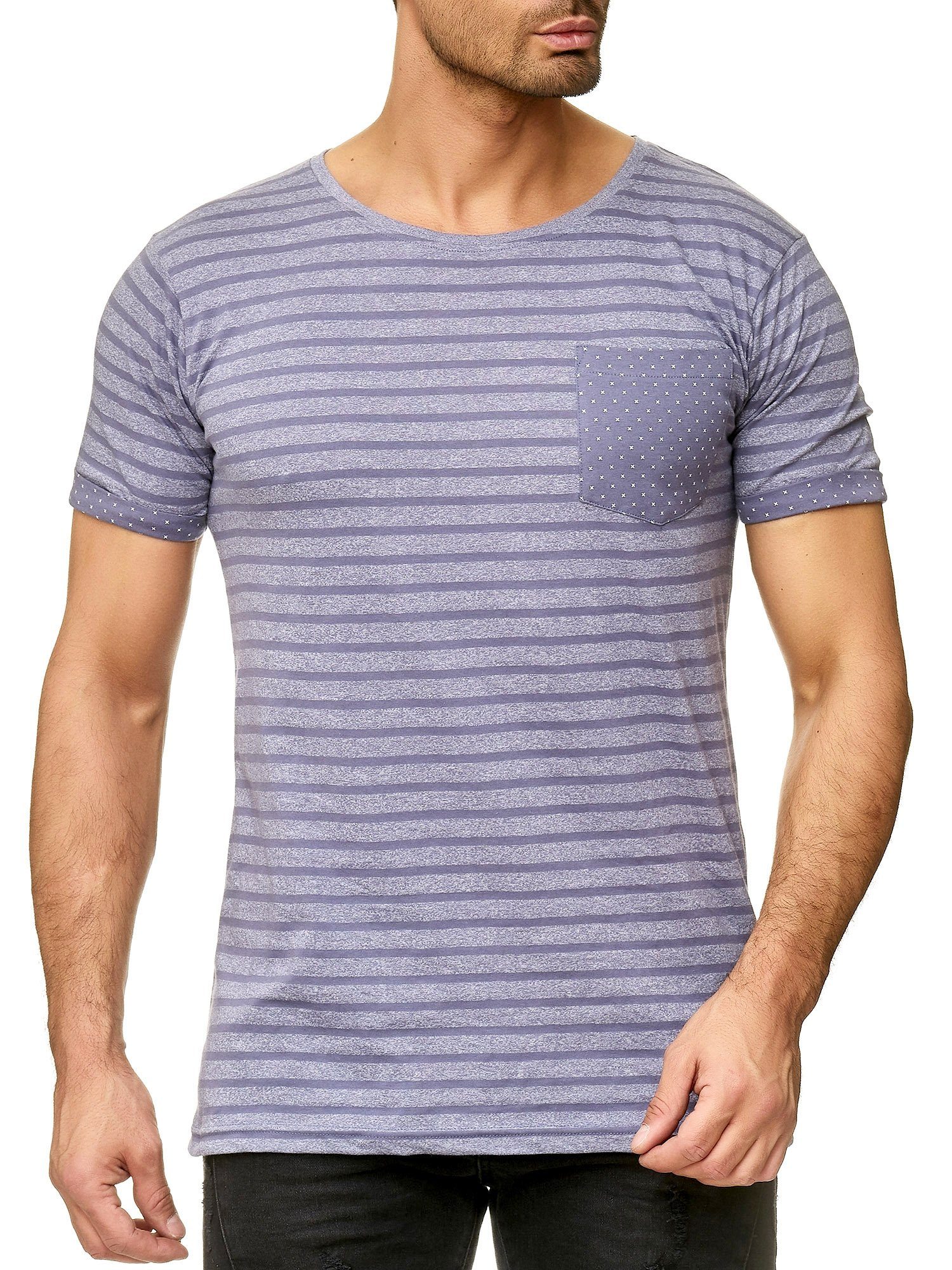 Urban Surface T-Shirt T-Shirt Gestreift Meliert Rundhals Modern Art Shirt Brusttasche (1-tlg) 2682 in Blau