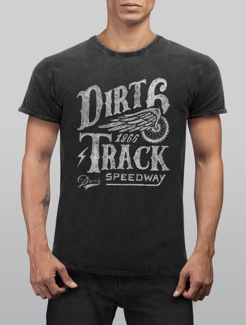 Track Herren Dirt Shirt Look Neverless® Used Racing Angesagtes Slim Fit Cooles Vintage Aufdruck T-Shirt schwarz Neverless mit Print-Shirt Print