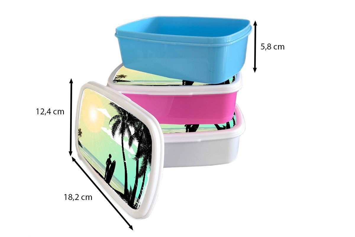 MuchoWow Lunchbox Strand - Palme weiß für Kunststoff, Erwachsene, Brotdose, Jungs - Mädchen - Sonne Kinder und für Surfbrett, Brotbox und (2-tlg)