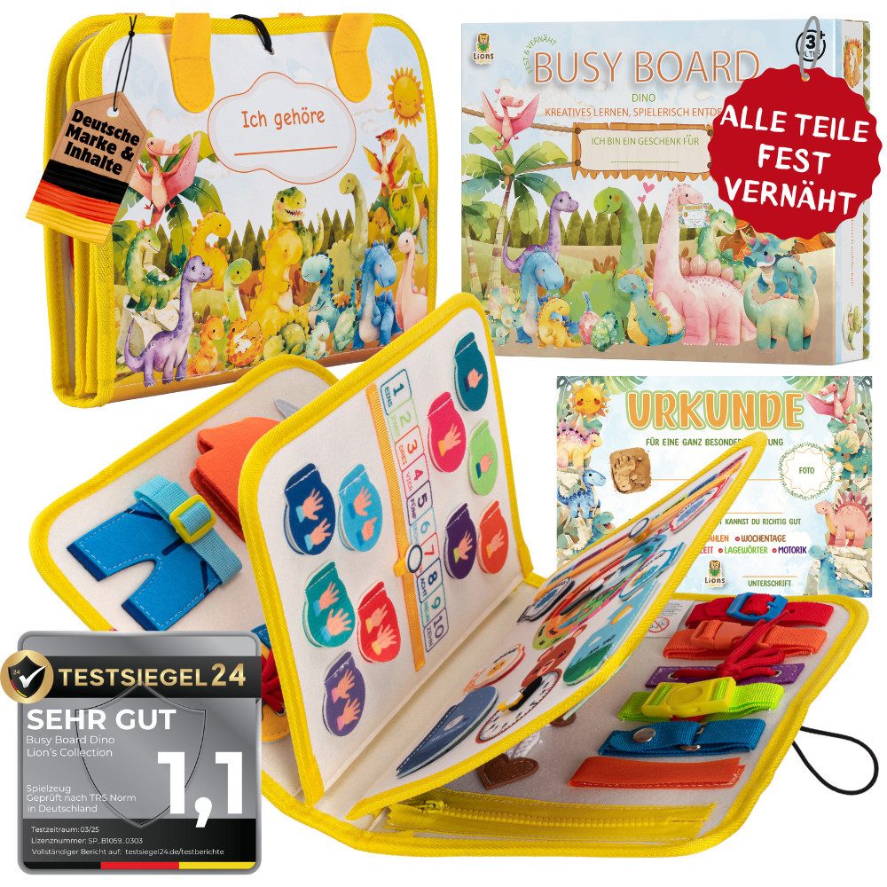 Lions Collection Lernspielzeug Busy Board Deutsch - vernäht - Montessori Spielzeug - Motorikmappe