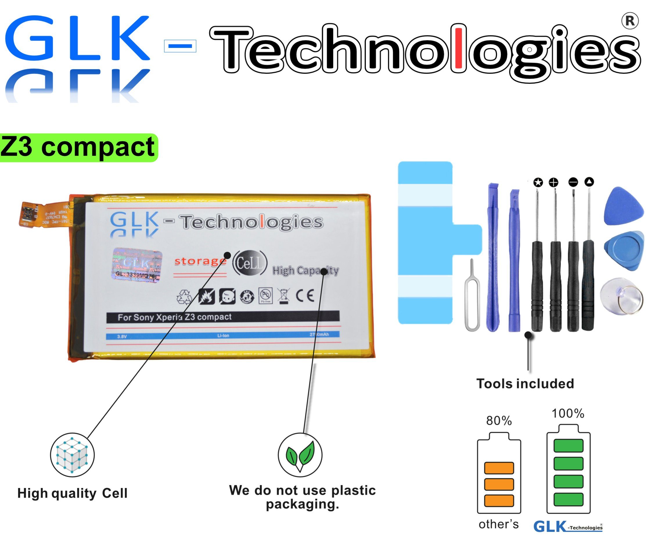 GLK-Technologies High Power Ersatzakku kompatibel mit Sony Xperia Z3 Compact E5803 E5823 LIS1594ERPC, Original GLK-Technologies Battery, accu, 2700 mAh Akku, inkl. Werkzeug Set Kit Smartphone-Akku 2700 mAh